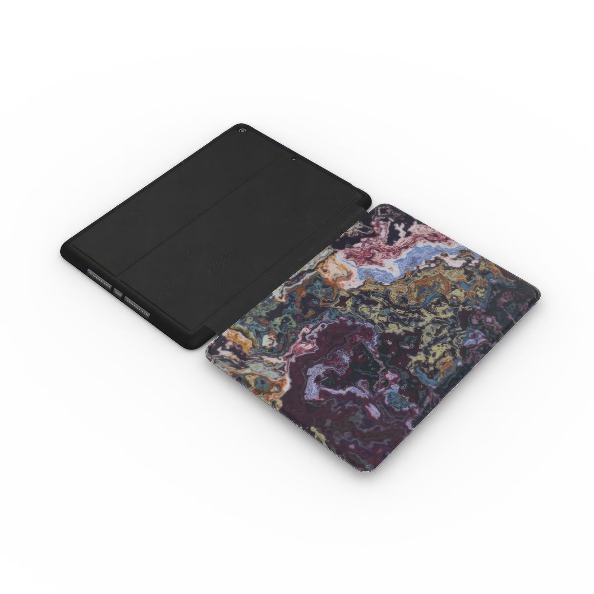 iPad case extend view; Molten Berries Mix pattern, artistic, abstract marble pattern. Dark purple color. Bold expressive aesthetic design. Colorful and interior fit.