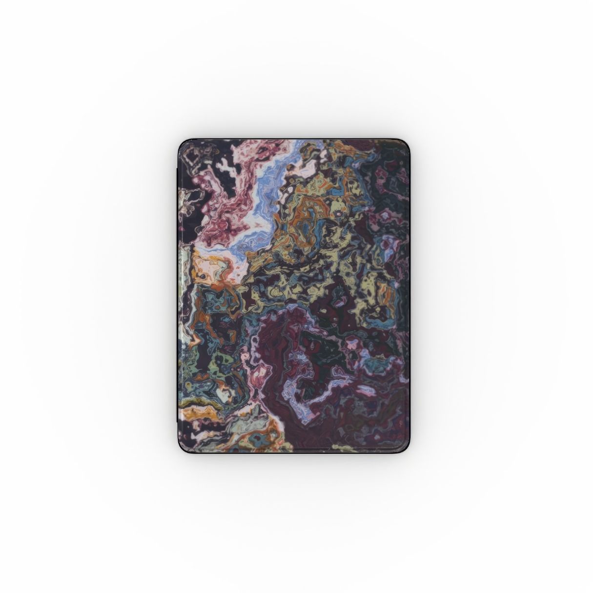 iPad case front view; Molten Berries Mix pattern, artistic, abstract marble pattern. Dark purple color. Bold expressive aesthetic design. Colorful and interior fit.