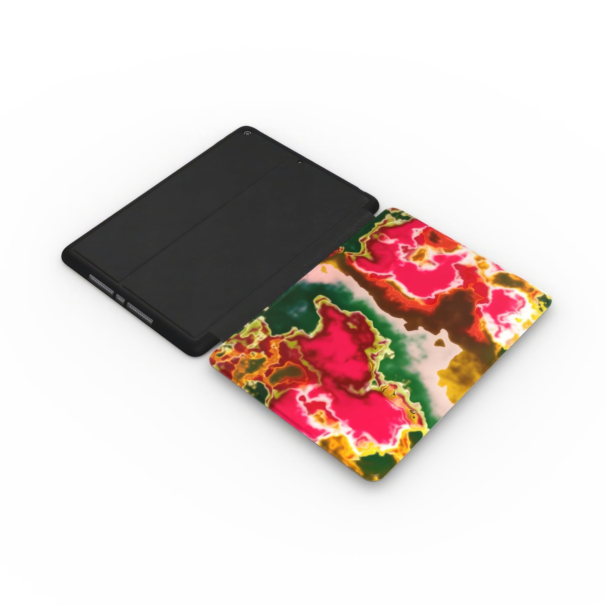 iPad case side extend view; Neon Pink pattern, artistic, abstract marble pattern. Electric Pink color.