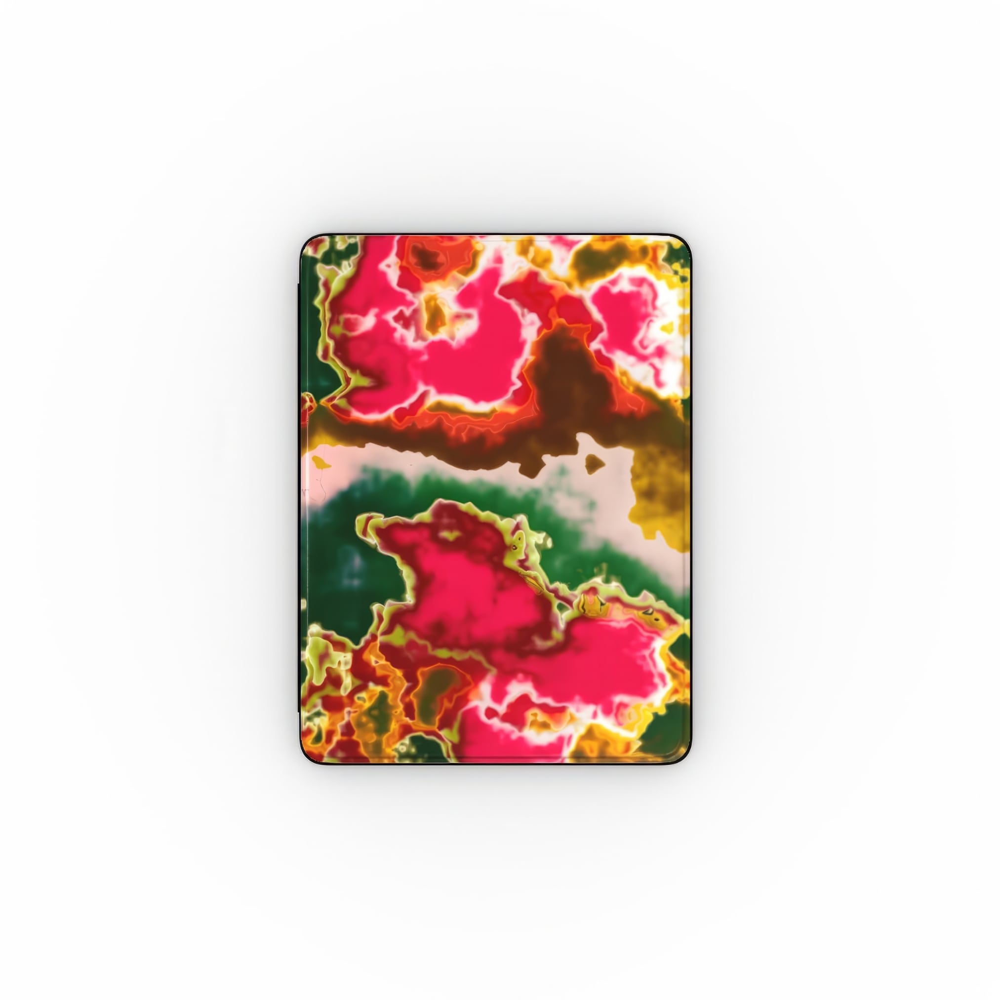 iPad case front view; Neon Pink pattern, artistic, abstract marble pattern. Electric Pink color. Bold expressive aesthetic design. Colorful and interior fit.