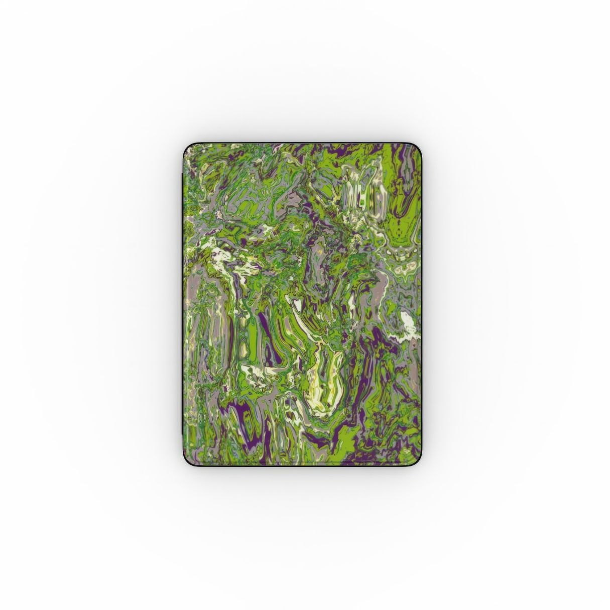 iPad case with a bold vivid pattern Olive Smash abstract and artistic style, featuring an elegant and expressive aesthetic design. Main colors are olive green and purple hues. Front view.