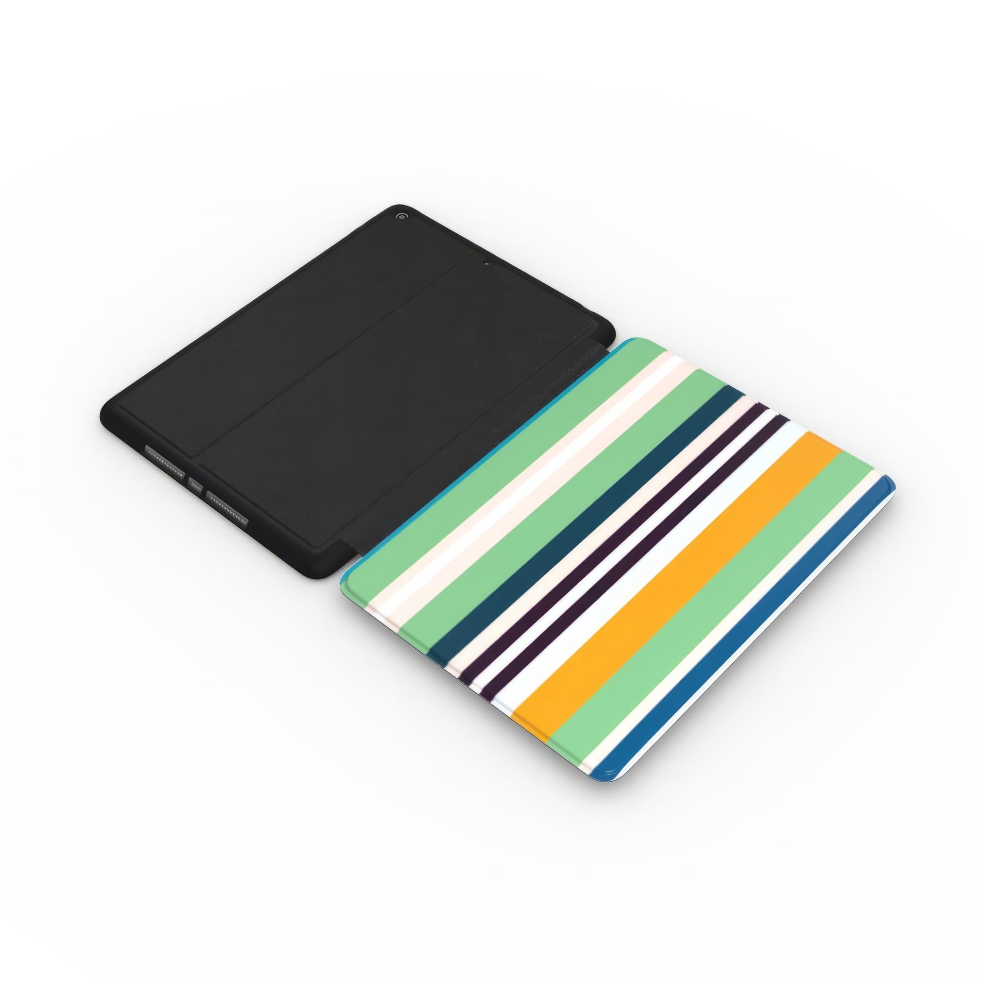 iPad case Parallel Flow Mint pattern with tiny color stripes, featuring an elegant and expressive aesthetic design. Main colors are minty sage, powder pink, navy blue, orange. Extend view.