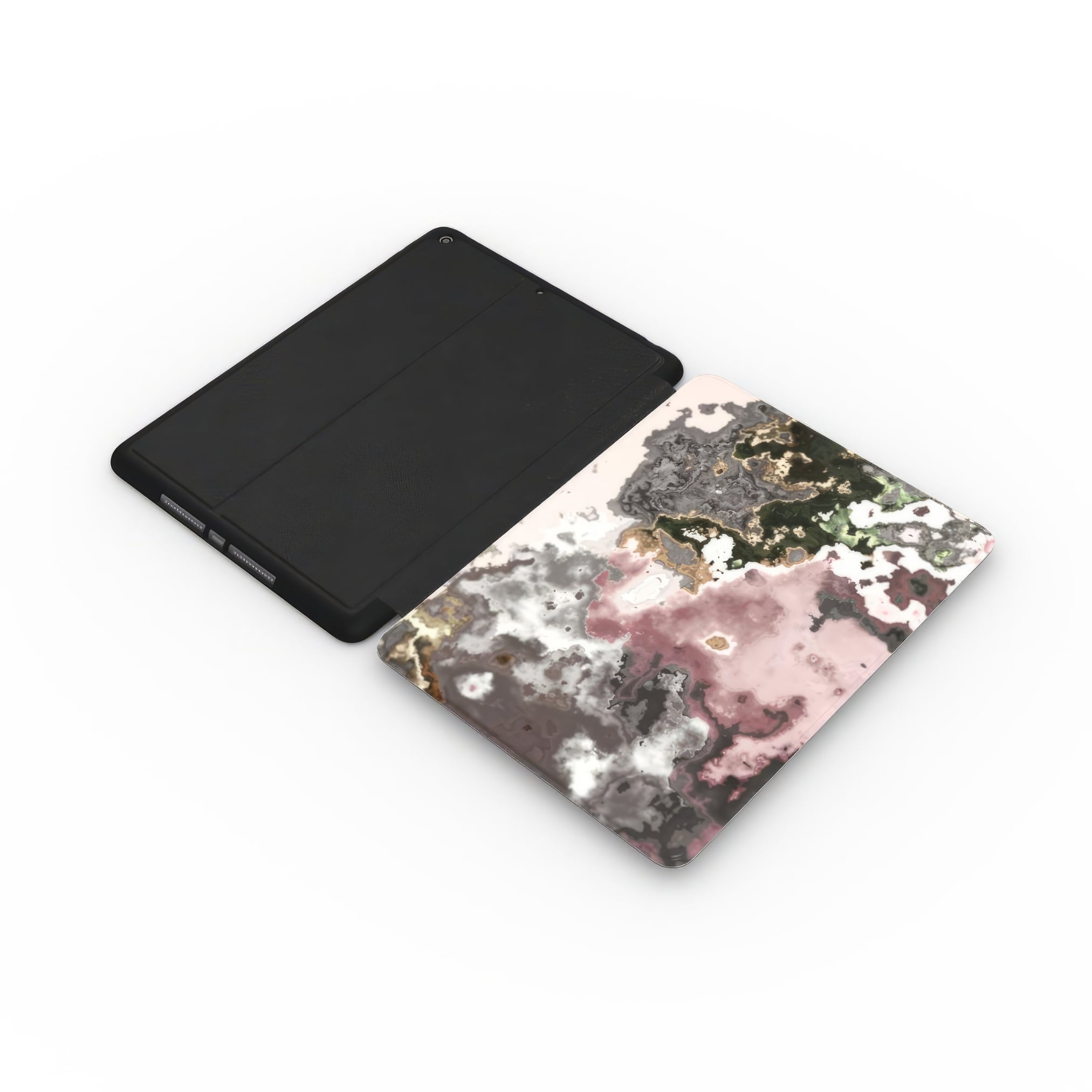 iPad case side view; Pink Moss 1 pattern, artistic, abstract marble pattern. Pink and grey color combination.