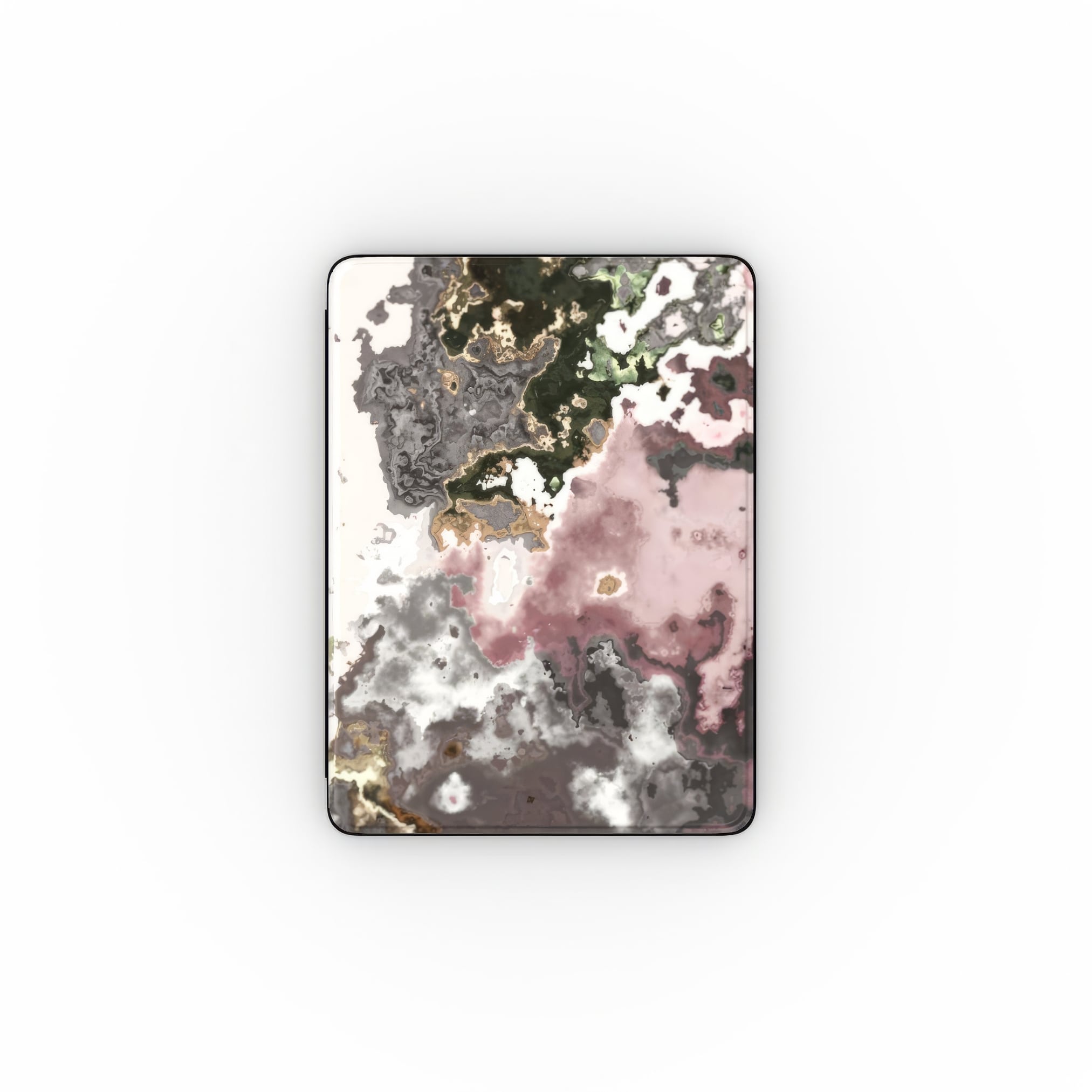 iPad case front view; Pink Moss 1 pattern, artistic, abstract marble pattern. Pink and grey color combination. Bold expressive aesthetic design. Colorful and interior fit.
