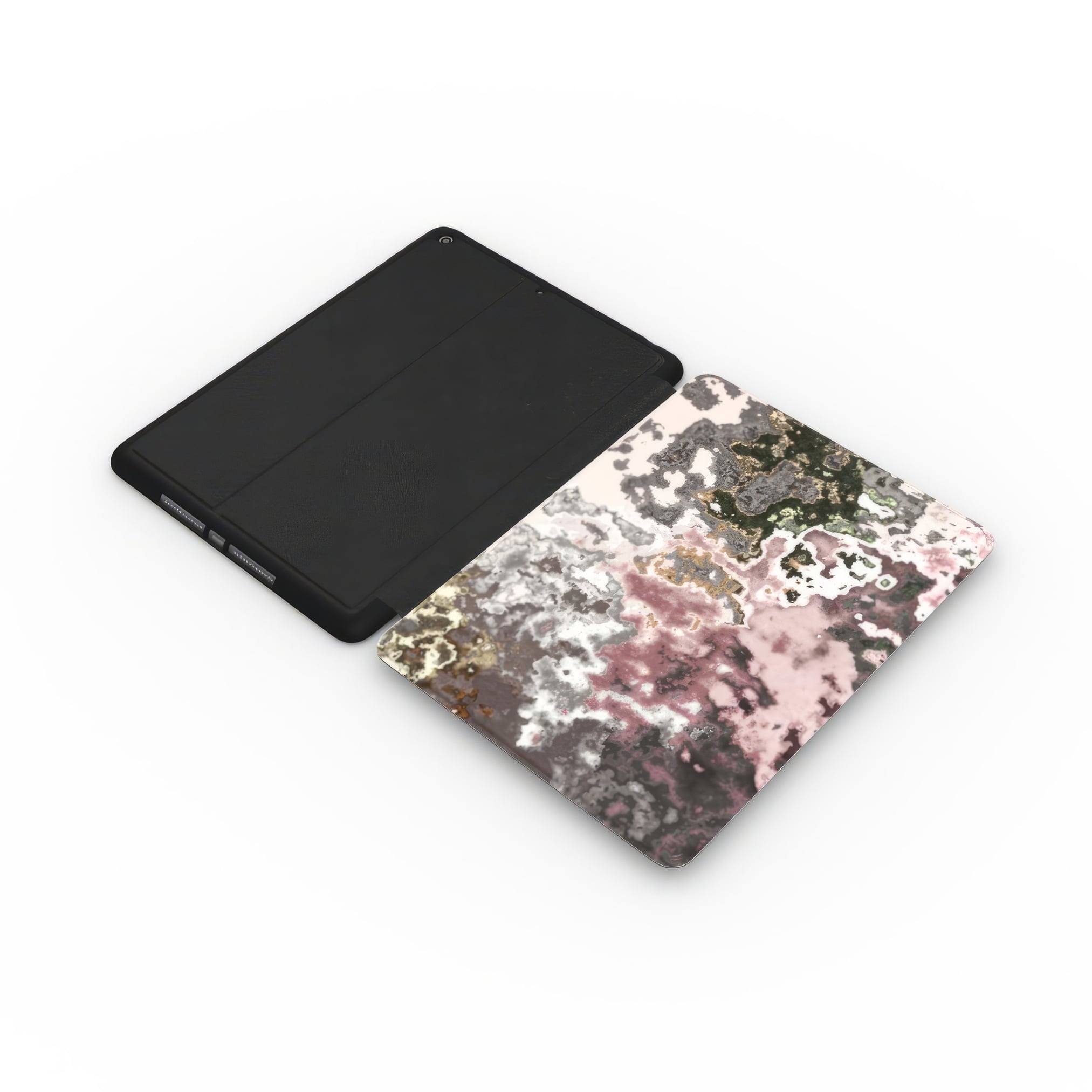 iPad case extend view; Pink Moss 2 pattern, artistic, abstract marble pattern. Pink and grey color combination.