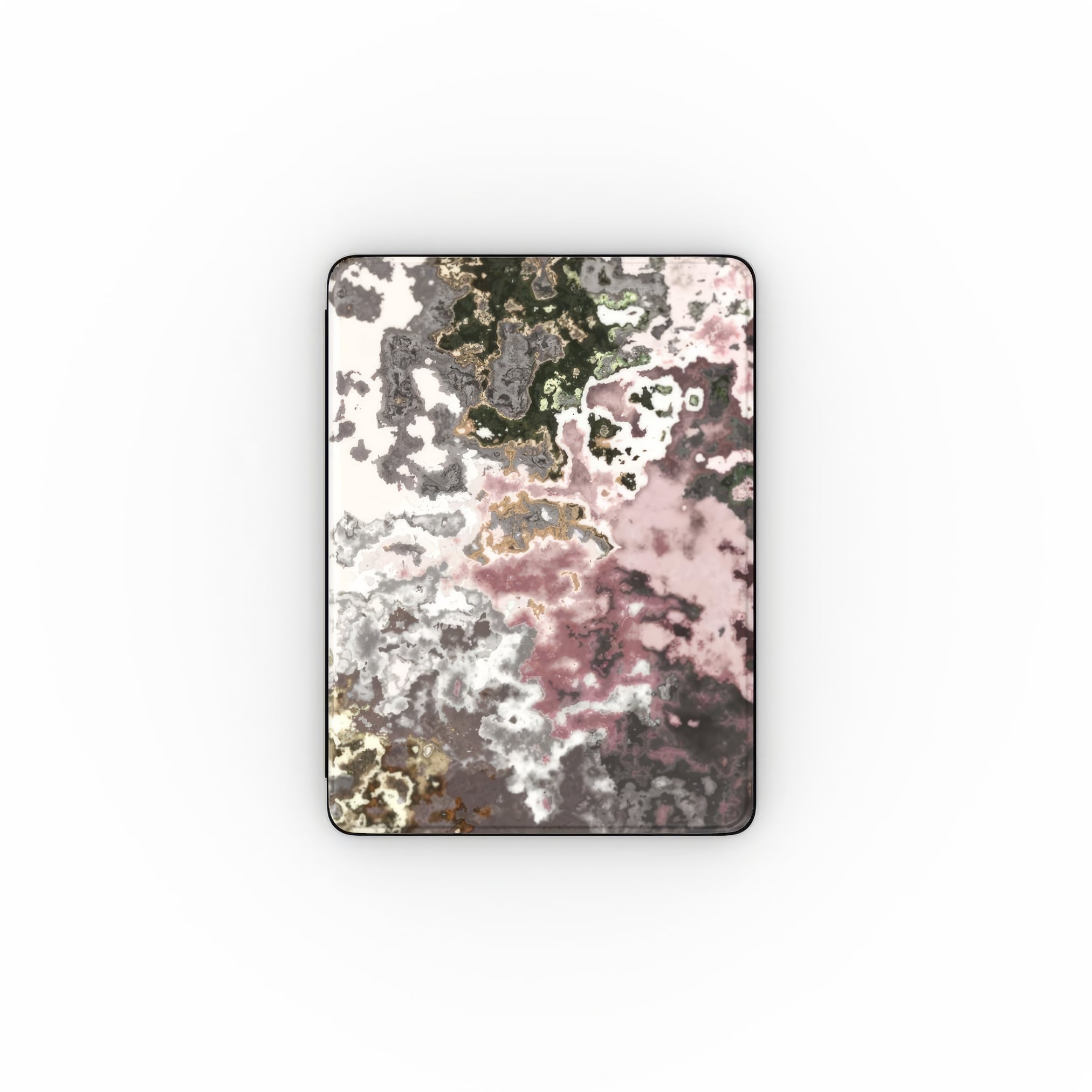 iPad case front view; Pink Moss 2 pattern, artistic, abstract marble pattern. Pink and grey color combination. Bold expressive aesthetic design. Colorful and interior fit.