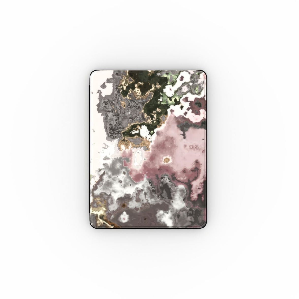 iPad case front view; Pink Moss pattern, artistic, abstract marble pattern. Pink and grey color combination. Bold expressive aesthetic design. Colorful and interior fit.