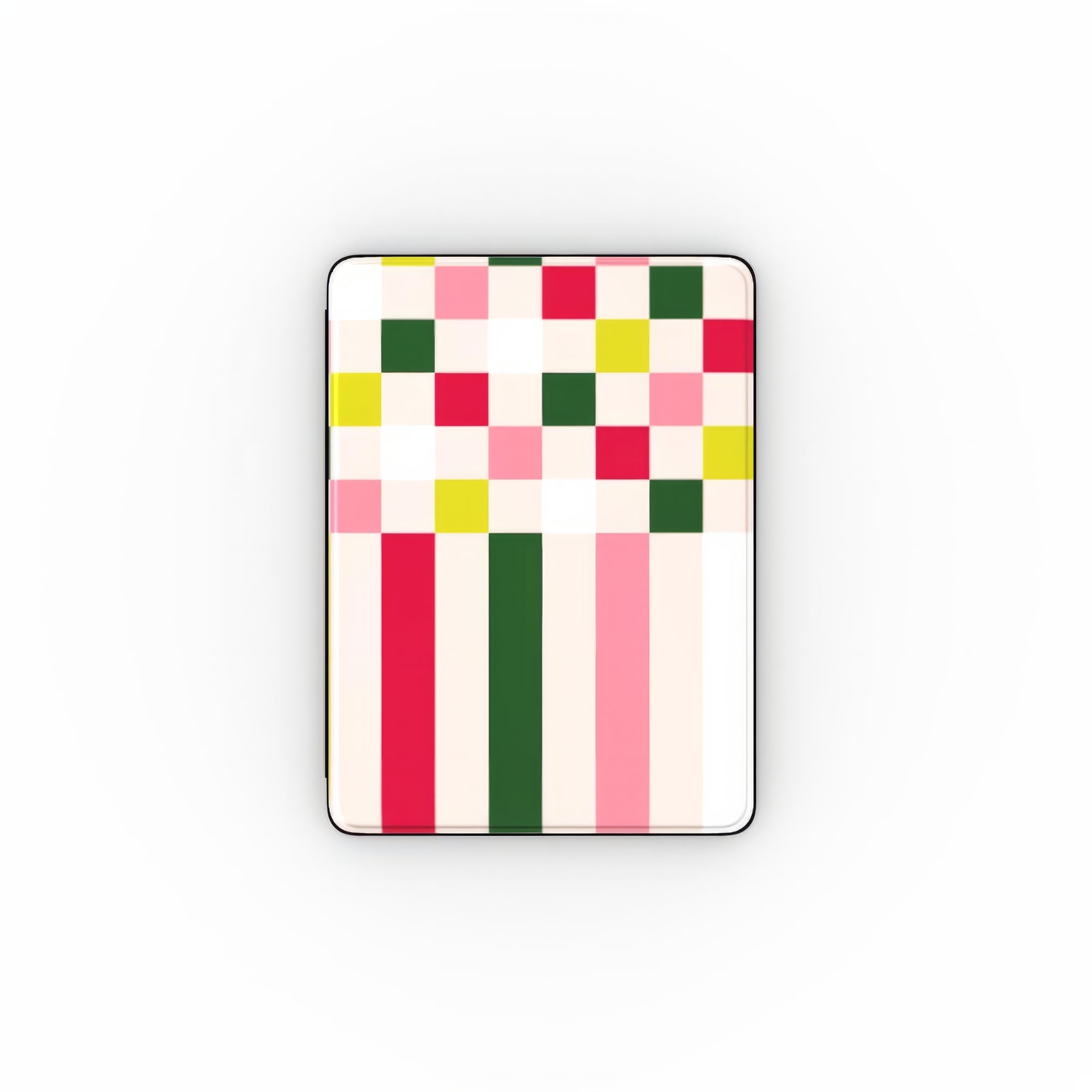 iPad case Pixel Grid 1 pattern design with a bold color blocks in pixel and stripes modern style, featuring an elegant and expressive aesthetic design. Main colors are rich red, pink yellow and green. Front view.