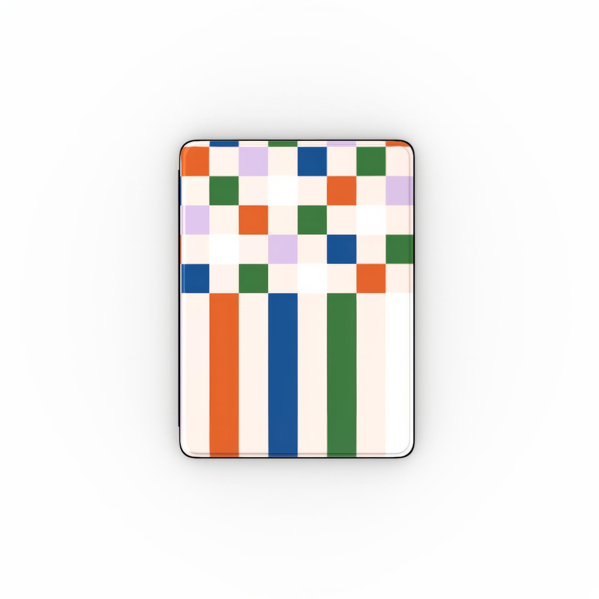 iPad case Pixel Grid Multi pattern design with a bold color blocks in pixel and stripes modern style, featuring an elegant and expressive aesthetic design. Main colors are rich orange, blue, lilac and green. Front view.