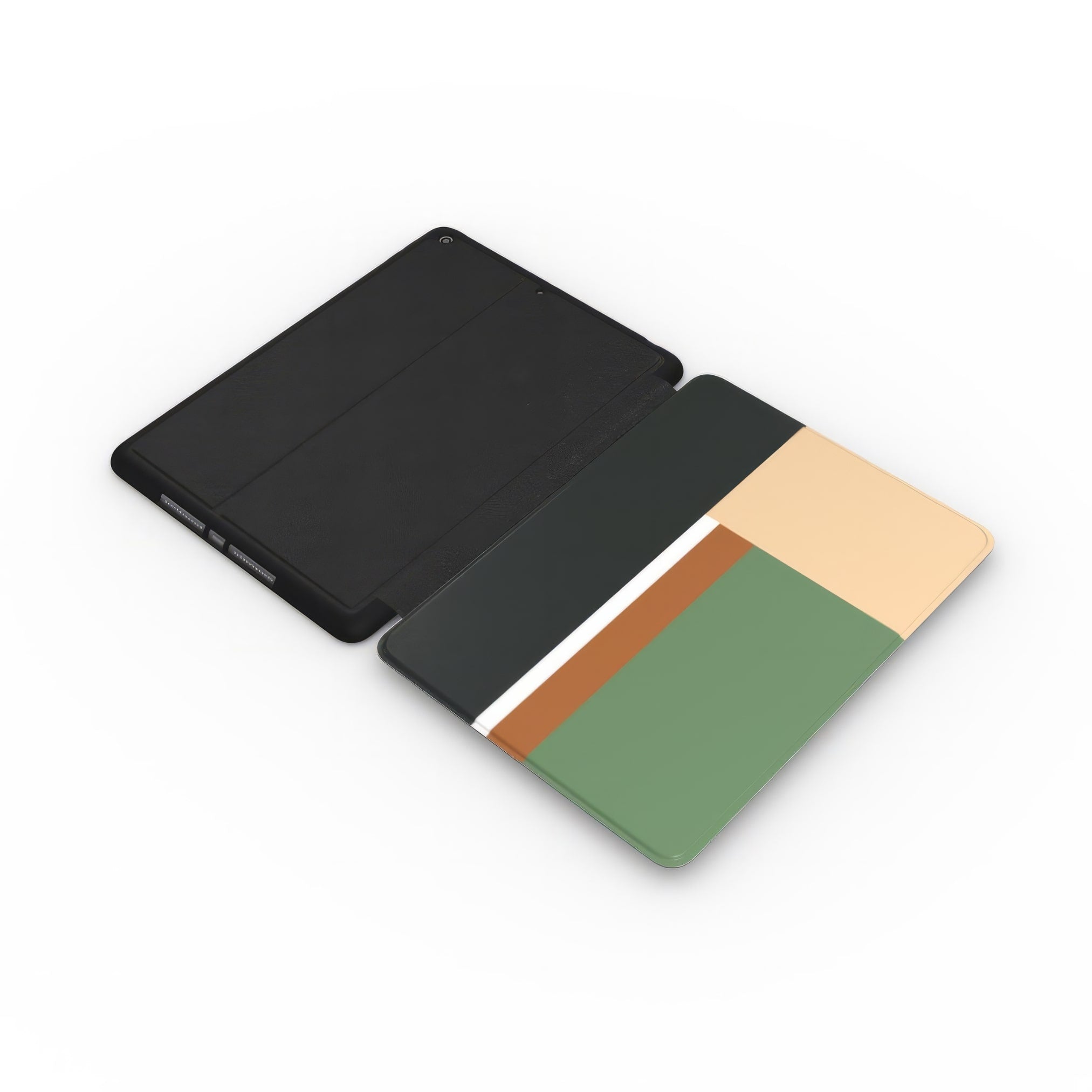 iPad vegan leather case Retro Stripes Khaki pattern design with a bold color blocks in vintage, mid century modern style, featuring an elegant and expressive aesthetic design. Main colors are khaki, dark green, brown and cappuccino. Extend view.