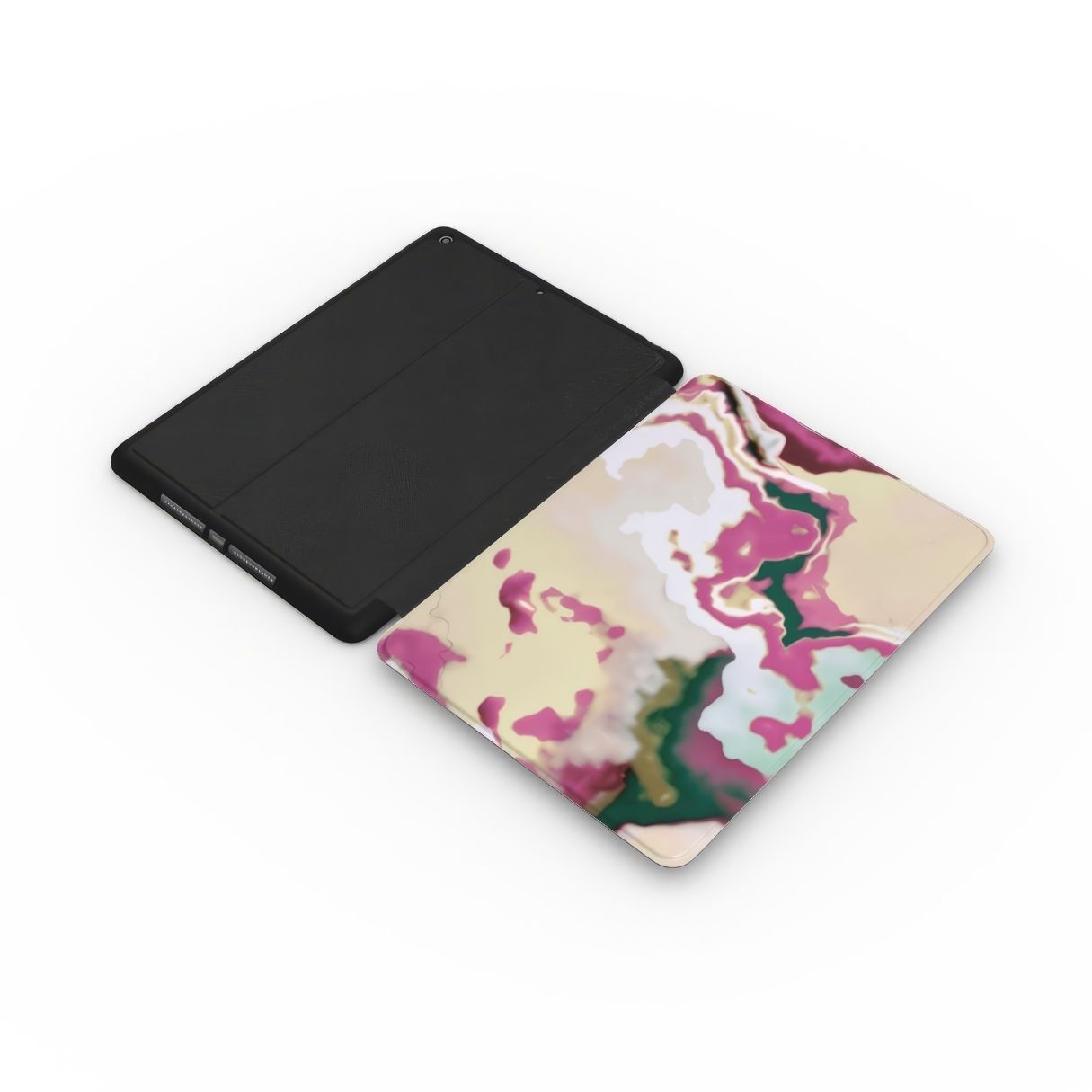iPad case extend side view; Sandscape Dream pattern, artistic, abstract marble pattern. Beige and purple colors.