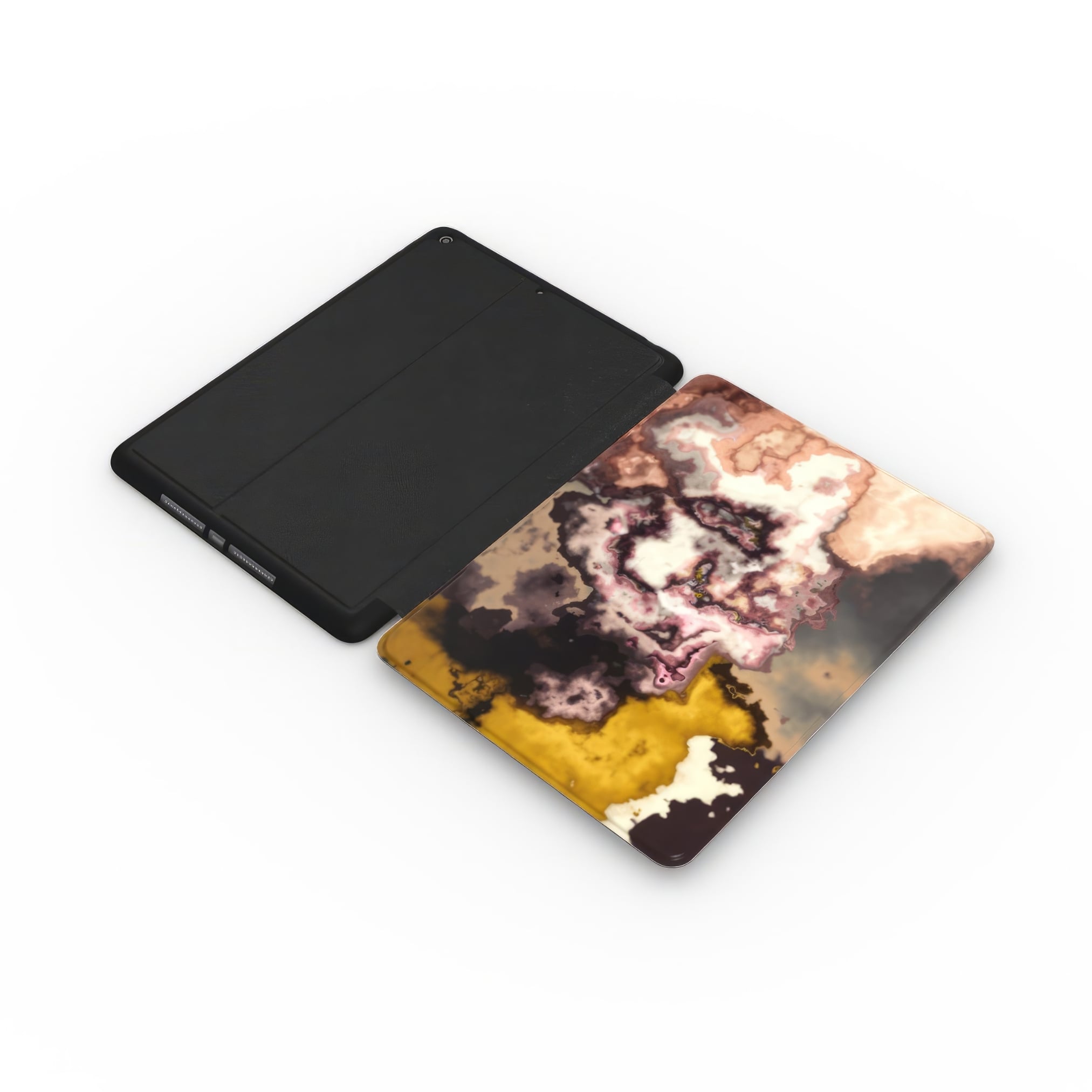 iPad case front view; Storm pattern, artistic, abstract marble pattern. Brown and beige colors.