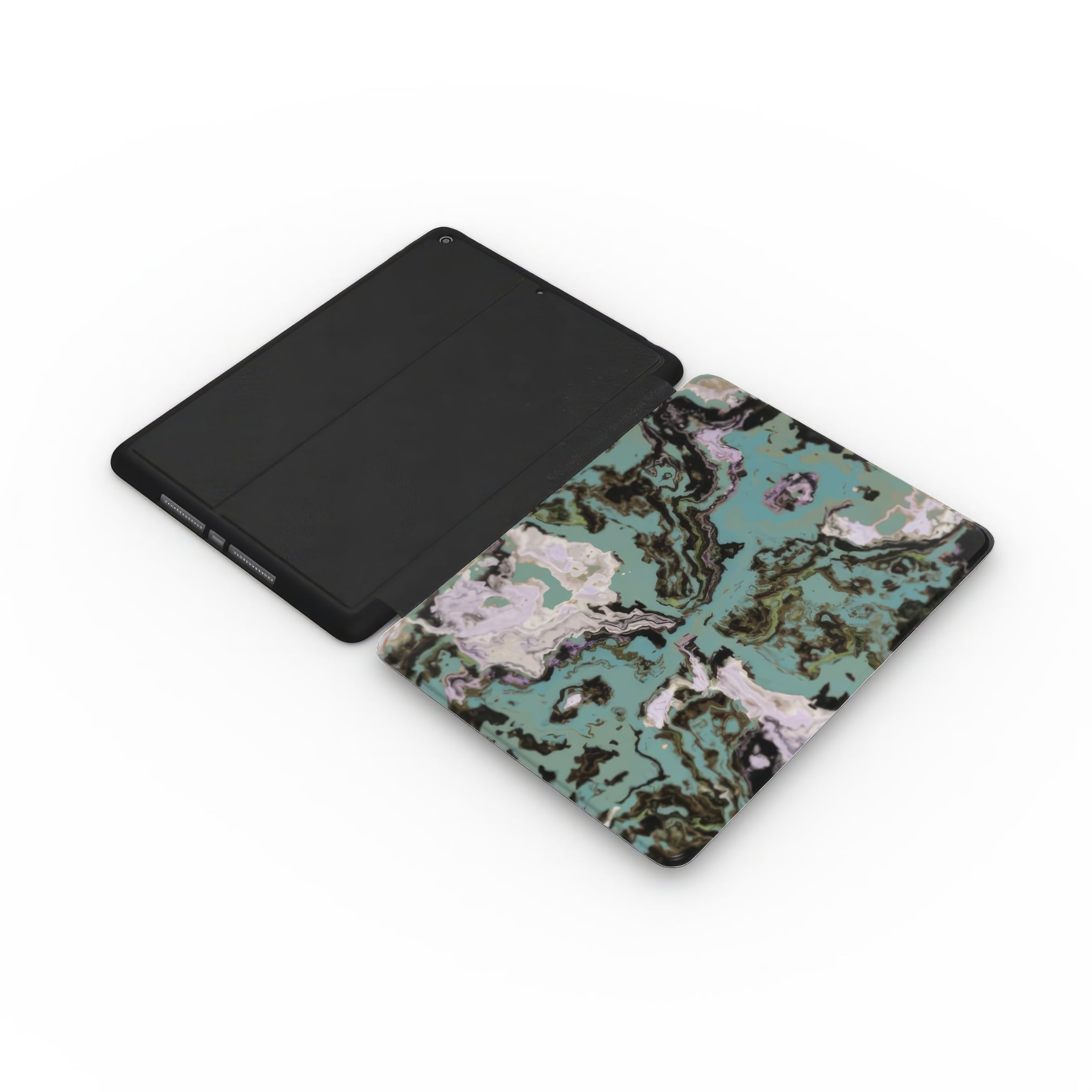 iPad case with a bold vivid pattern in marble abstract and artistic style, featuring an elegant and expressive aesthetic design. Main colors are teal blue and light lilac. Extend view.