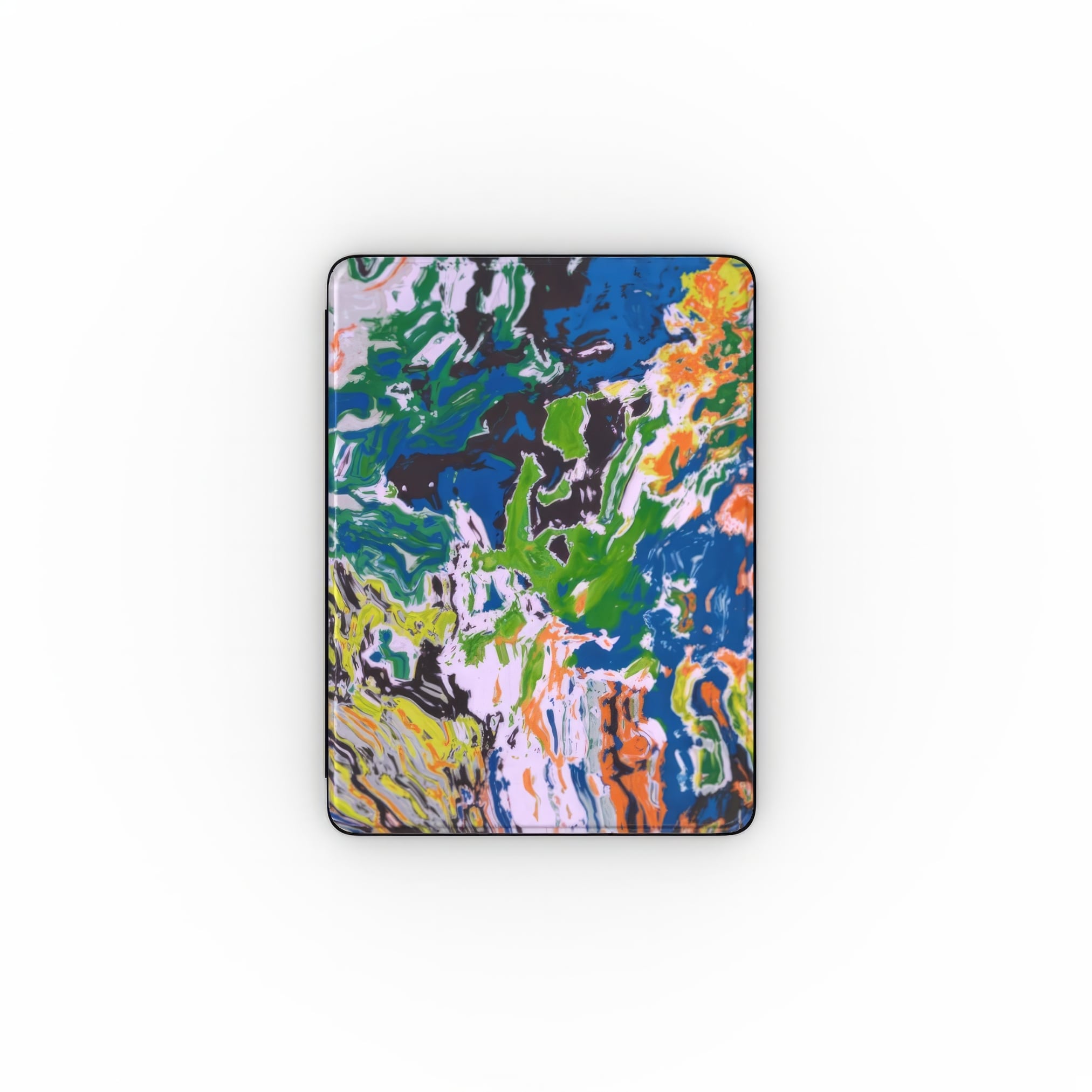 iPad case with a bold vivid pattern in marble abstract and artistic style, featuring an elegant and expressive aesthetic design. Main colors are blue, green and yellow with slight orange. Front view.
