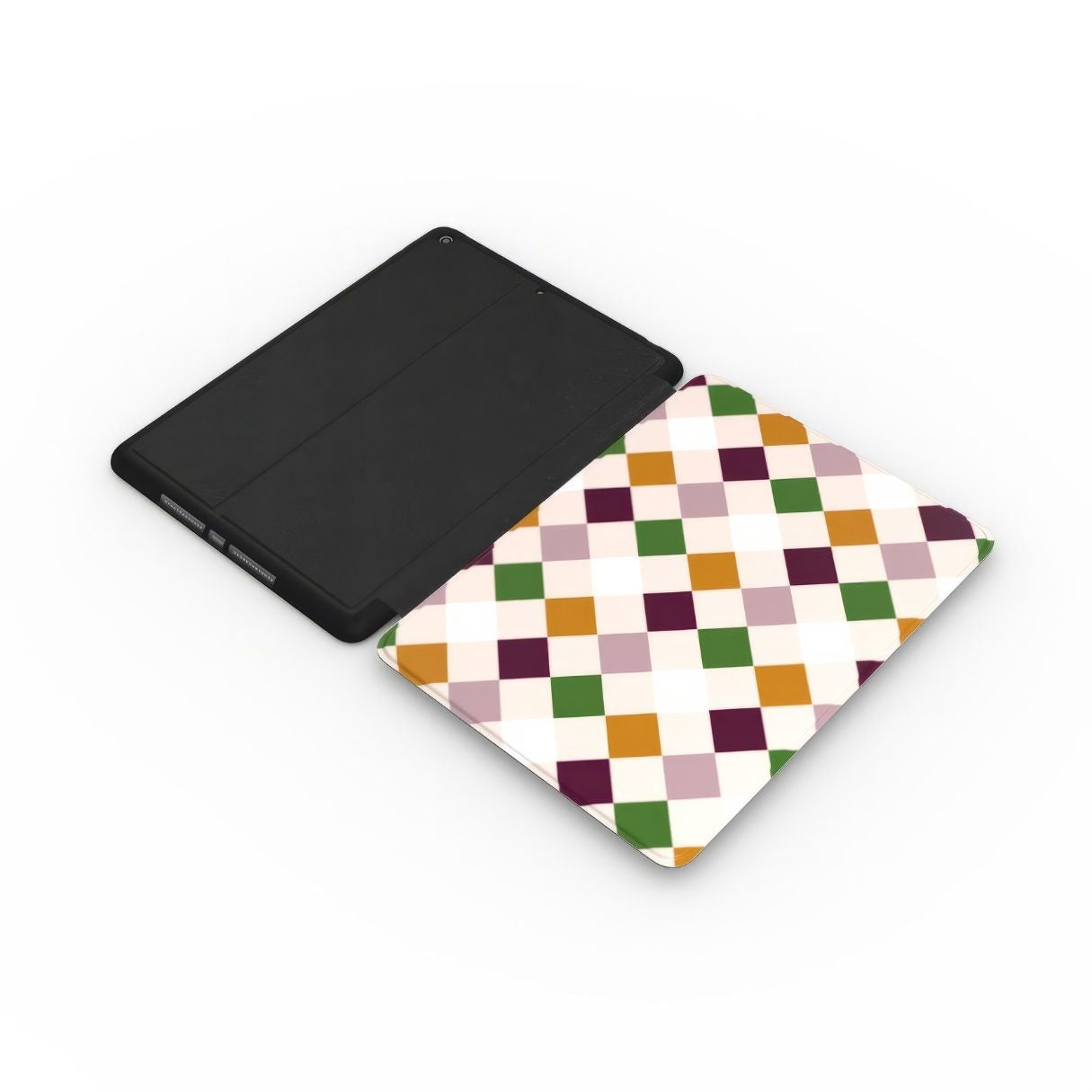 iPad case Wonder Chess pattern design with a dynamic geometric symmetry in chess style, featuring an elegant and expressive aesthetic design. Main colors are sugar brown, green, deep cherry and pink. Extend view.