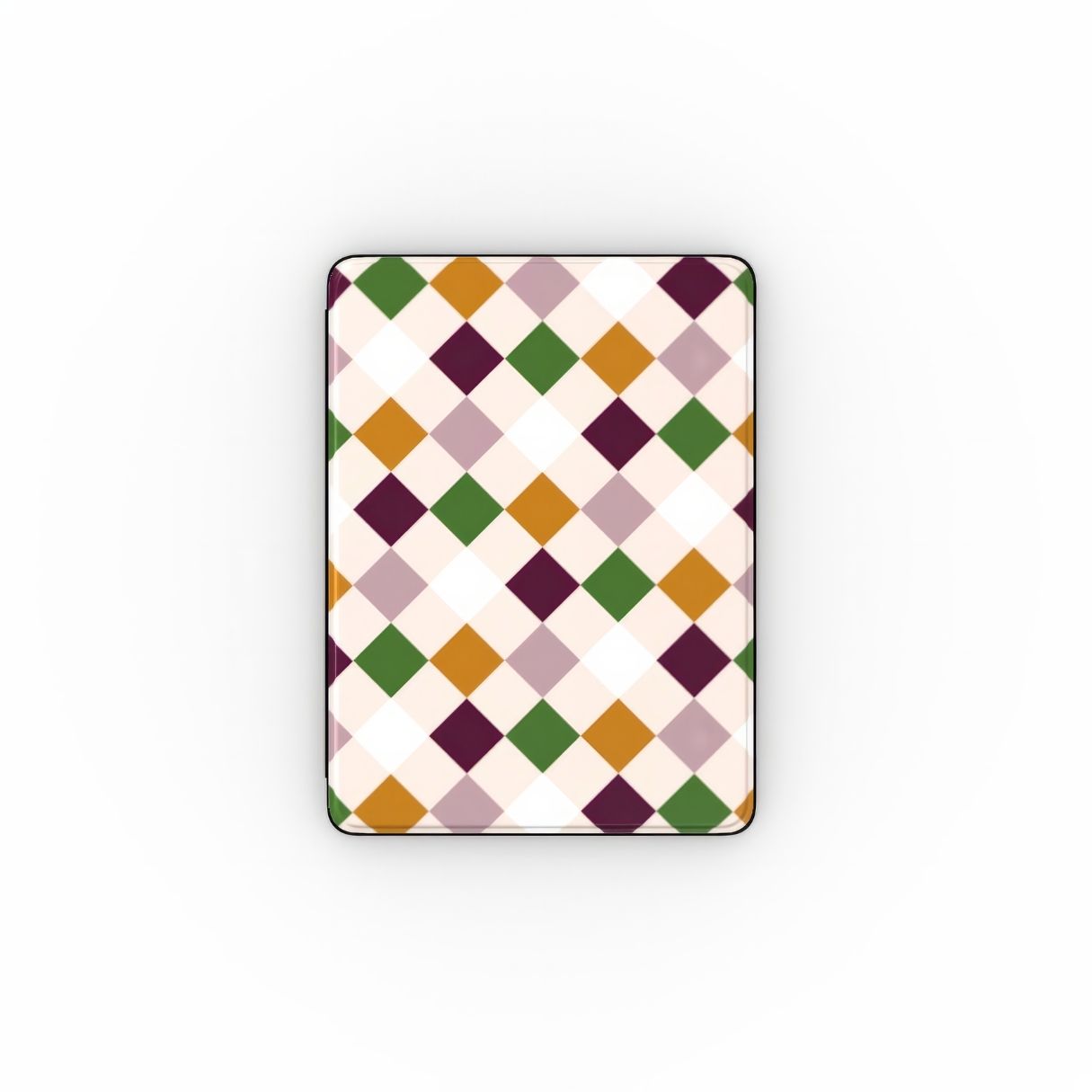 iPad case Wonder Chess pattern design with a dynamic geometric symmetry in chess style, featuring an elegant and expressive aesthetic design. Main colors are sugar brown, green, deep cherry and pink. Front view.