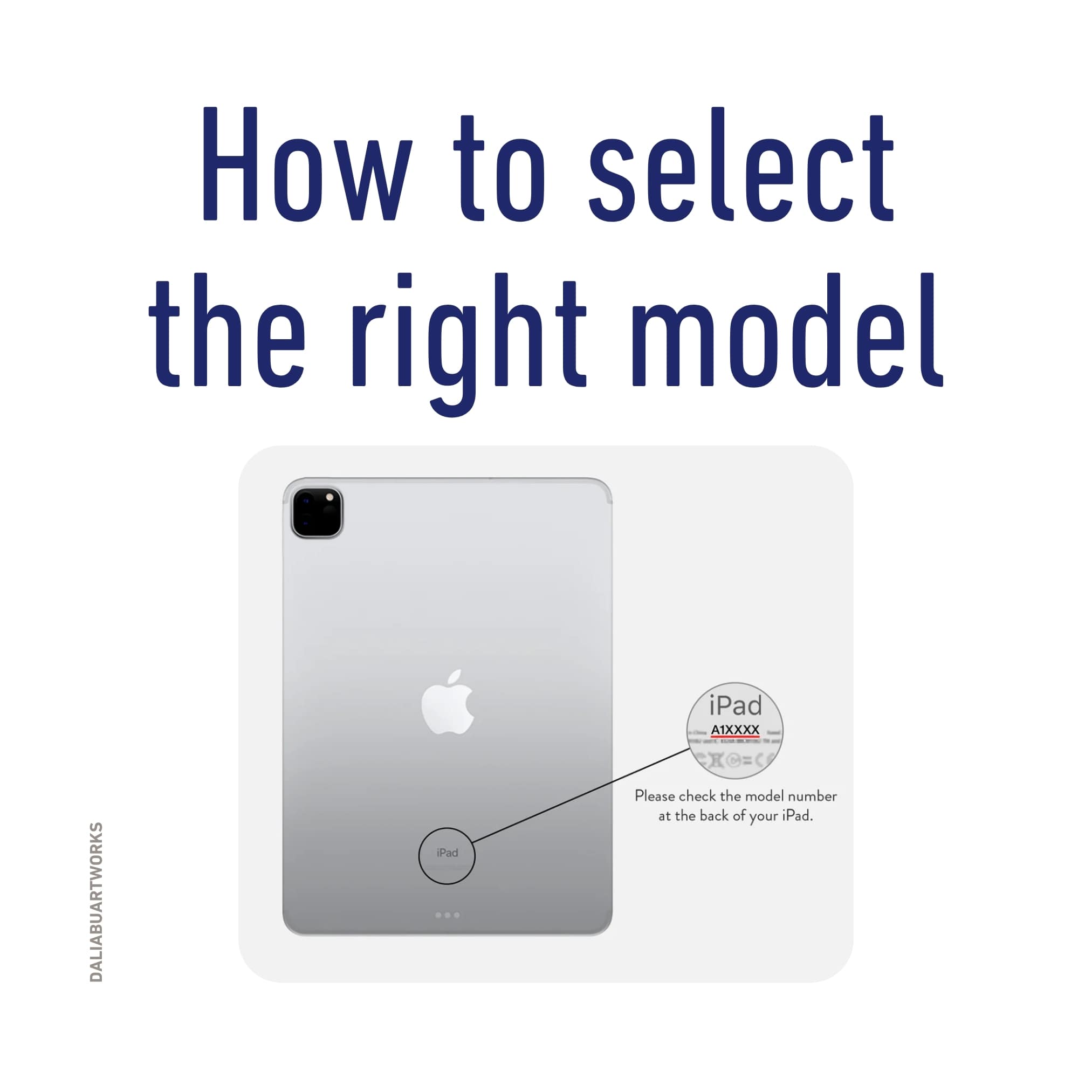 iPad back view. Details how to select correct tablet case according to ipad model type.