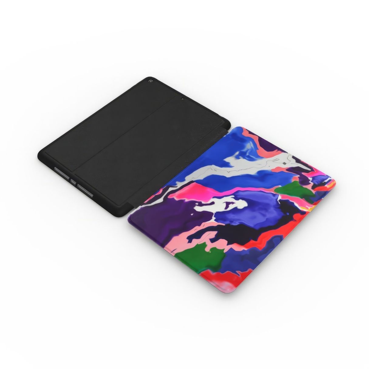 iPad case extend view; Nebula Drift pattern, artistic, abstract marble pattern. Blue and purple color combination. Bold expressive aesthetic design. Colorful and interior fit. Elegant.