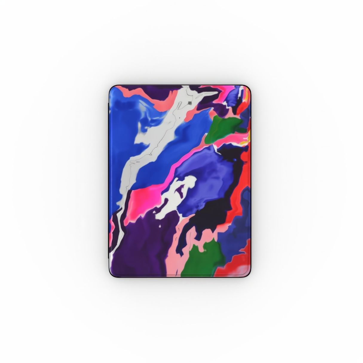 iPad case front view; Nebula Drift pattern, artistic, abstract marble pattern. Blue and purple color combination. Bold expressive aesthetic design. Colorful and interior fit. Elegant.
