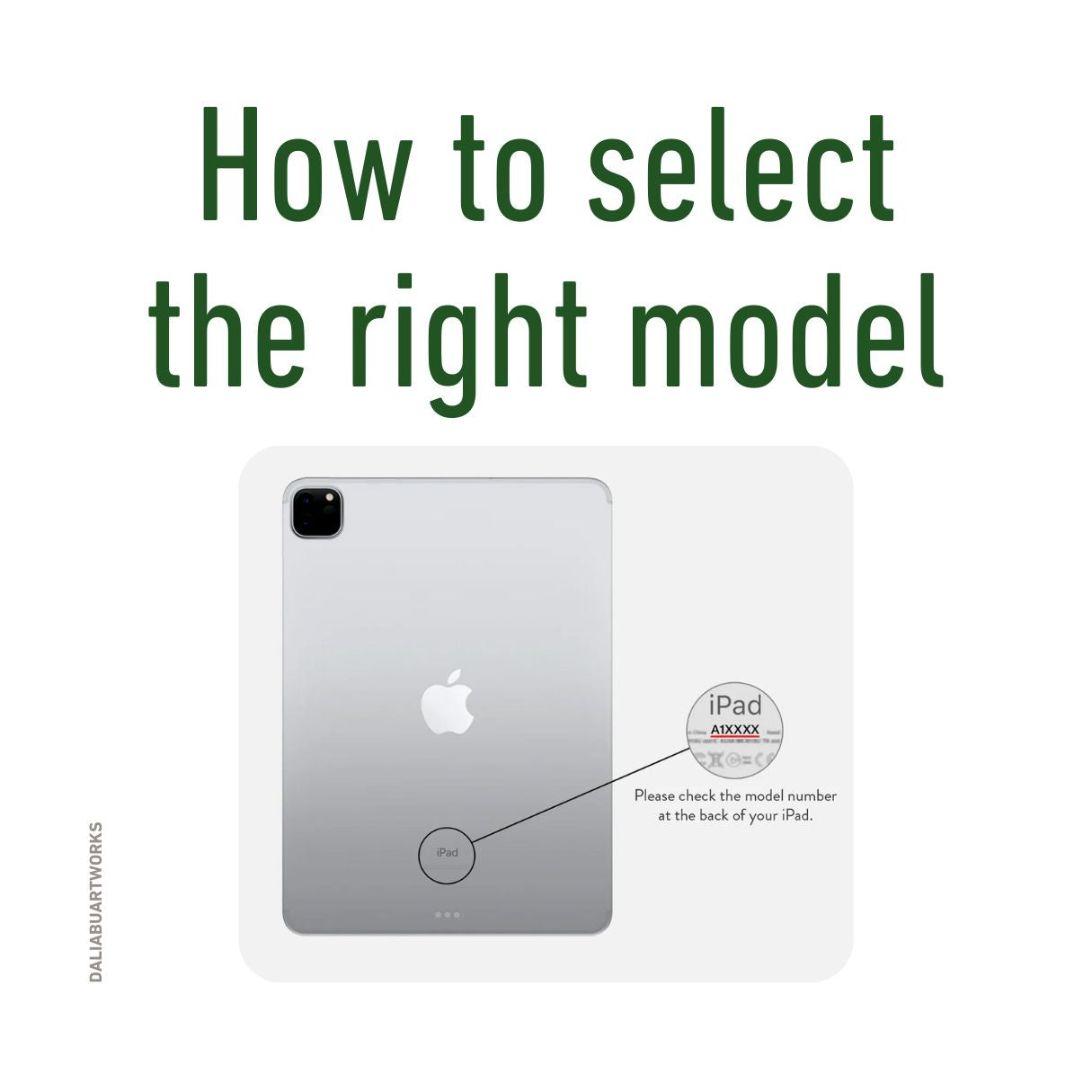 Details how to select correct tablet case according to your iPad model type and number written on the device back.