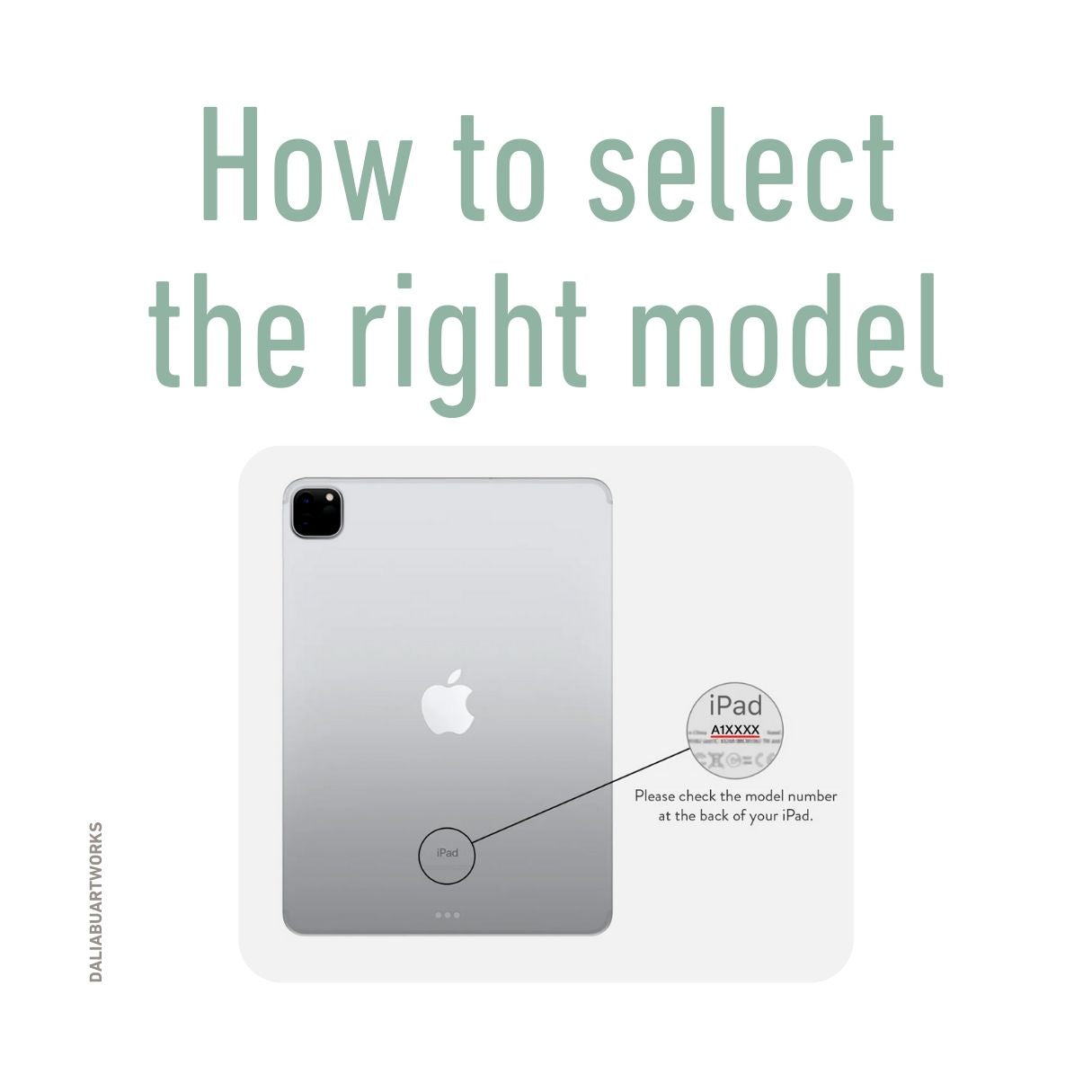 Details how to select correct tablet cover according to iPad model type written on the back.