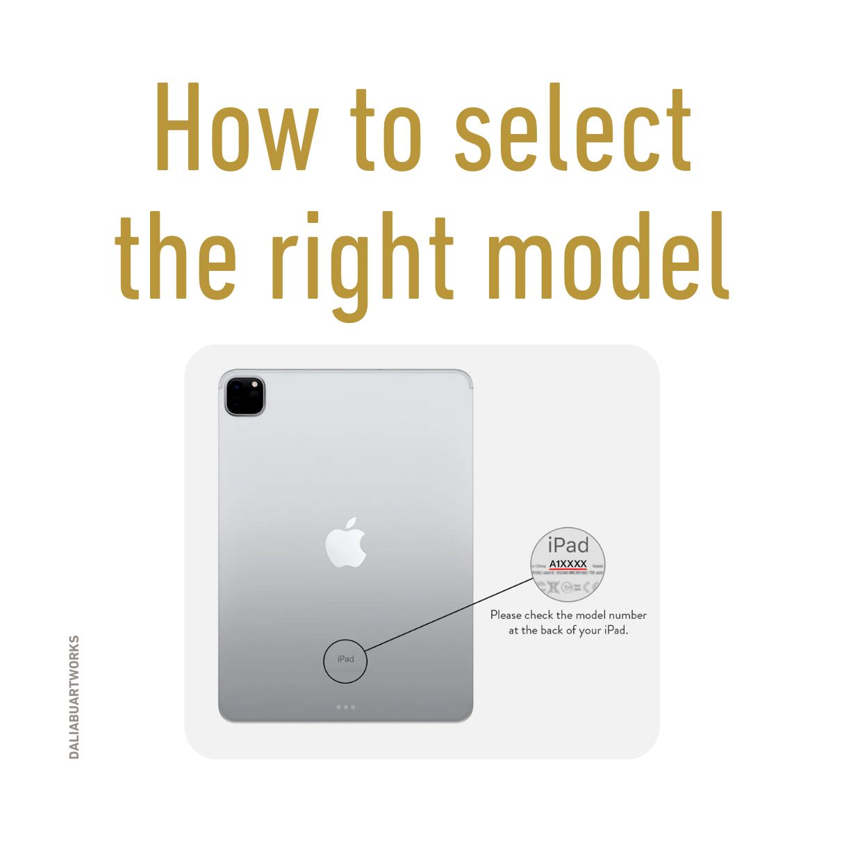 Details how to select correct tablet case according to your iPad model type and number written on the device back.