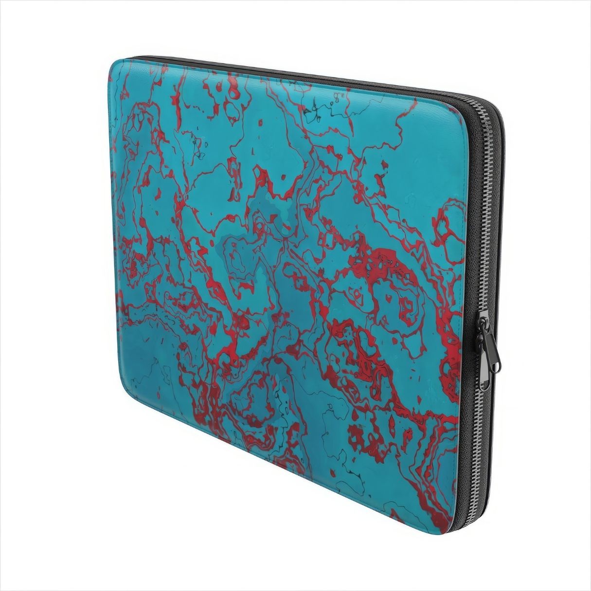 Laptop Sleeve with vivid color pattern Arteries abstract and artistic style, featuring an elegant and expressive aesthetic design. Main colors are red, turquoise blue. Side view.
