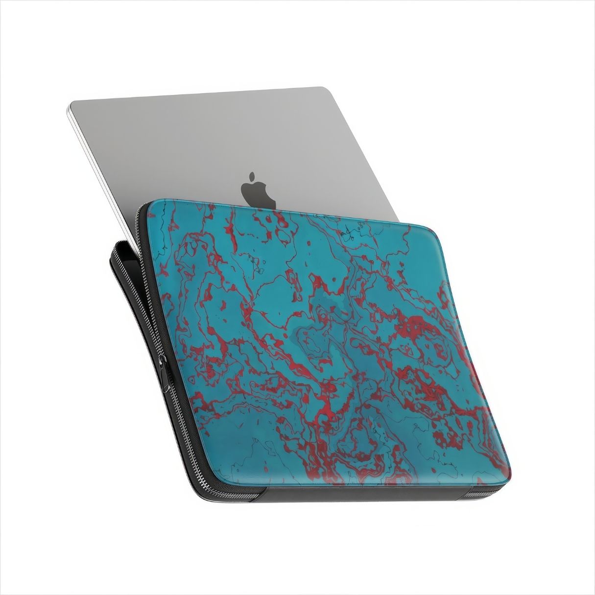 Laptop Sleeve with vivid color pattern Arteries abstract and artistic style, featuring an elegant and expressive aesthetic design. Main colors are red, turquoise blue. View with laptop.