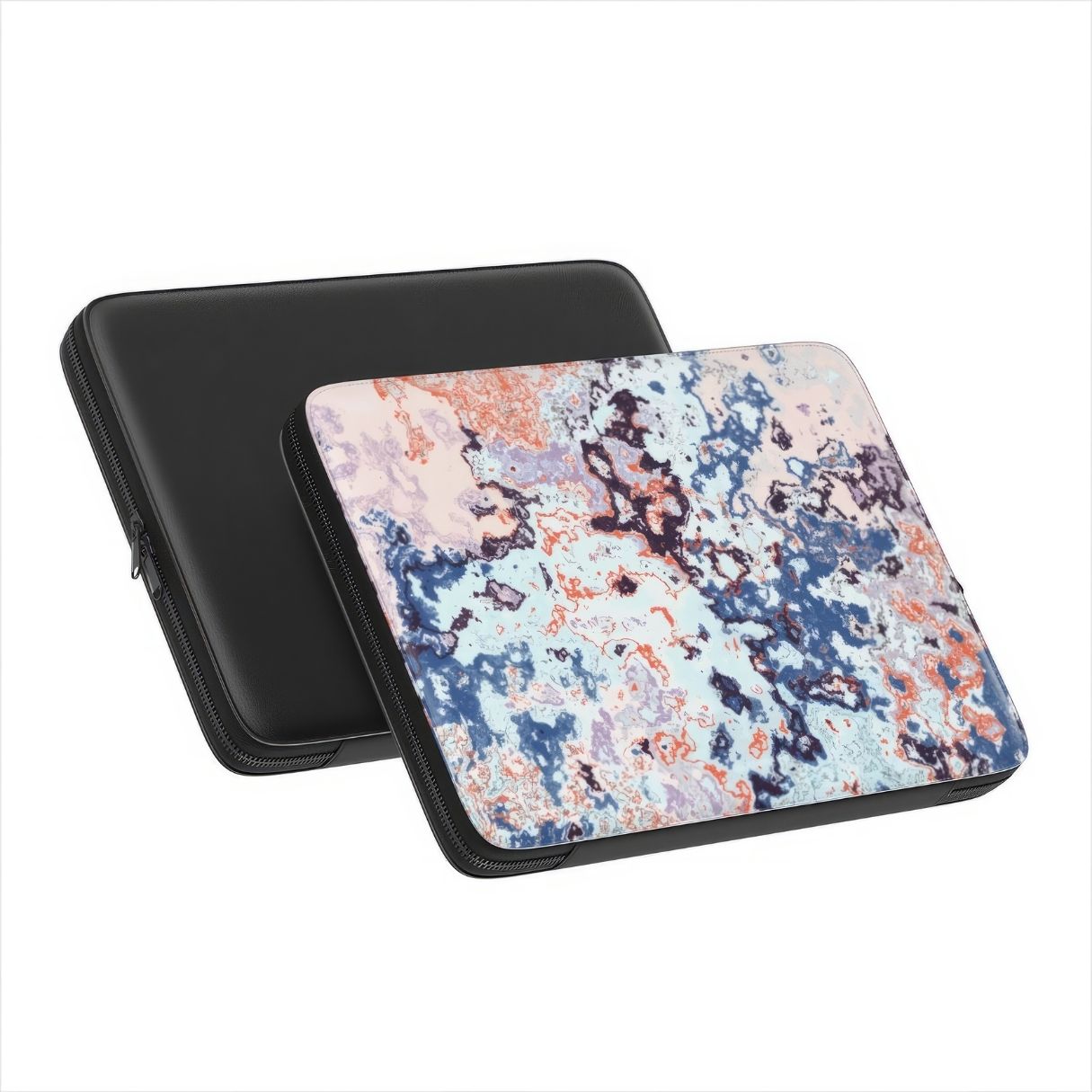 Laptop Sleeve side and back view; Blue Marble Mist pattern, artistic, abstract marble pattern. Blue and pink color combination. Bold expressive aesthetic design. Colorful and interior fit.