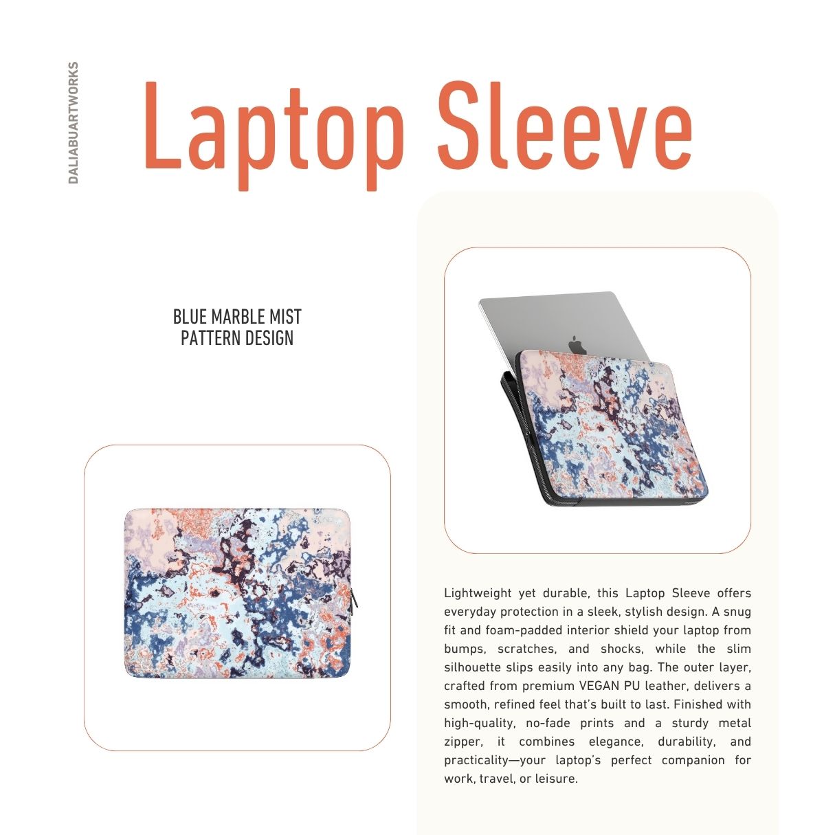 Laptop Sleeve description; Blue Marble Mist pattern, artistic, abstract marble pattern. Blue and pink color combination. Bold expressive aesthetic design. Colorful and interior fit.