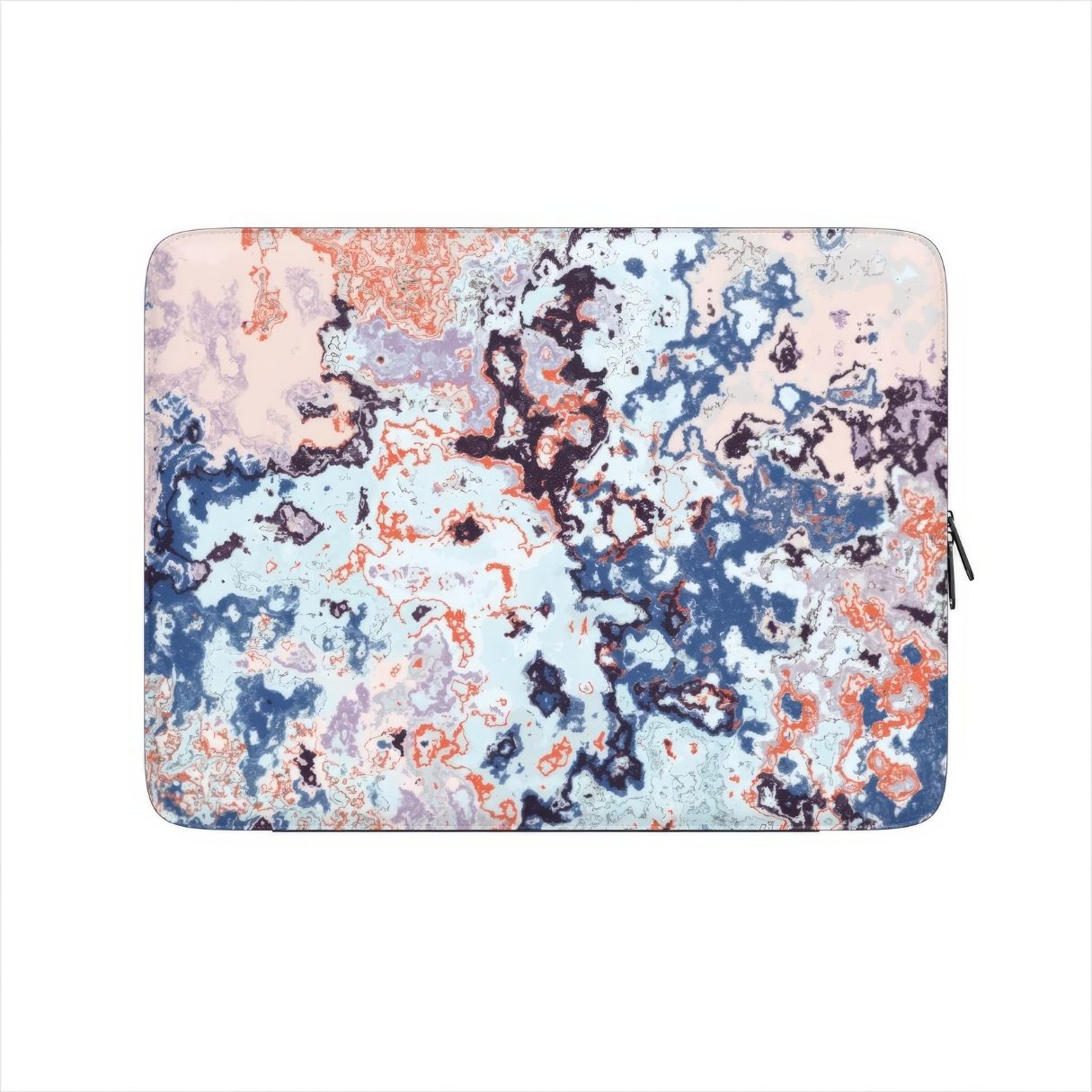 Laptop Sleeve front view; Blue Marble Mist pattern, artistic, abstract marble pattern. Blue and pink color combination. Bold expressive aesthetic design. Colorful and interior fit.