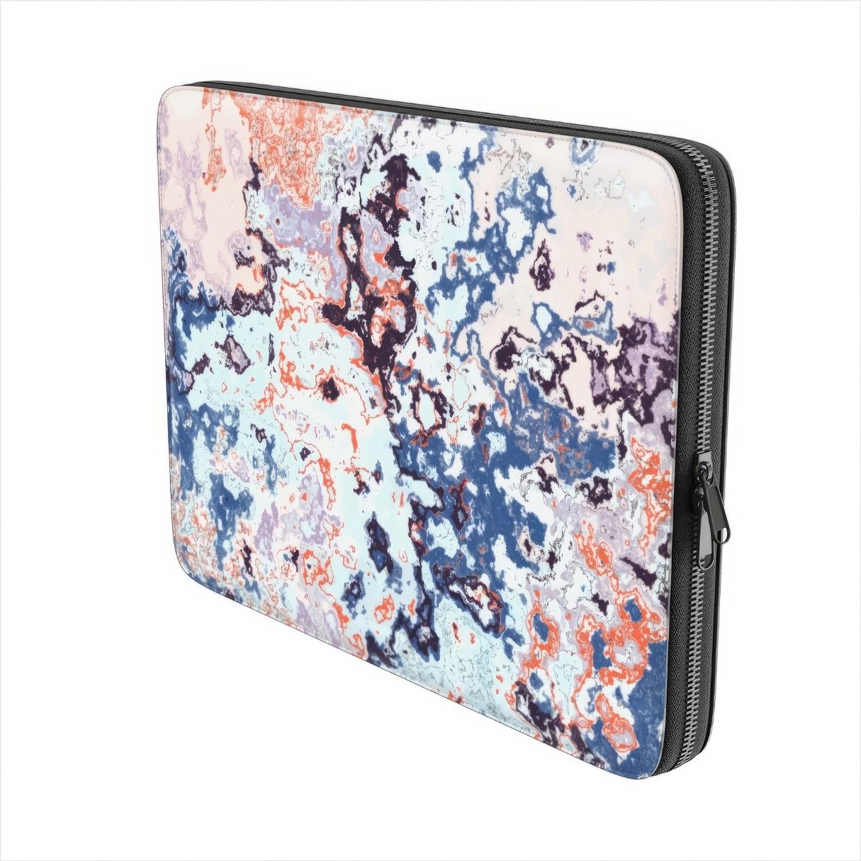 Laptop Sleeve side view; Blue Marble Mist pattern, artistic, abstract marble pattern. Blue and pink color combination. Bold expressive aesthetic design. Colorful and interior fit.