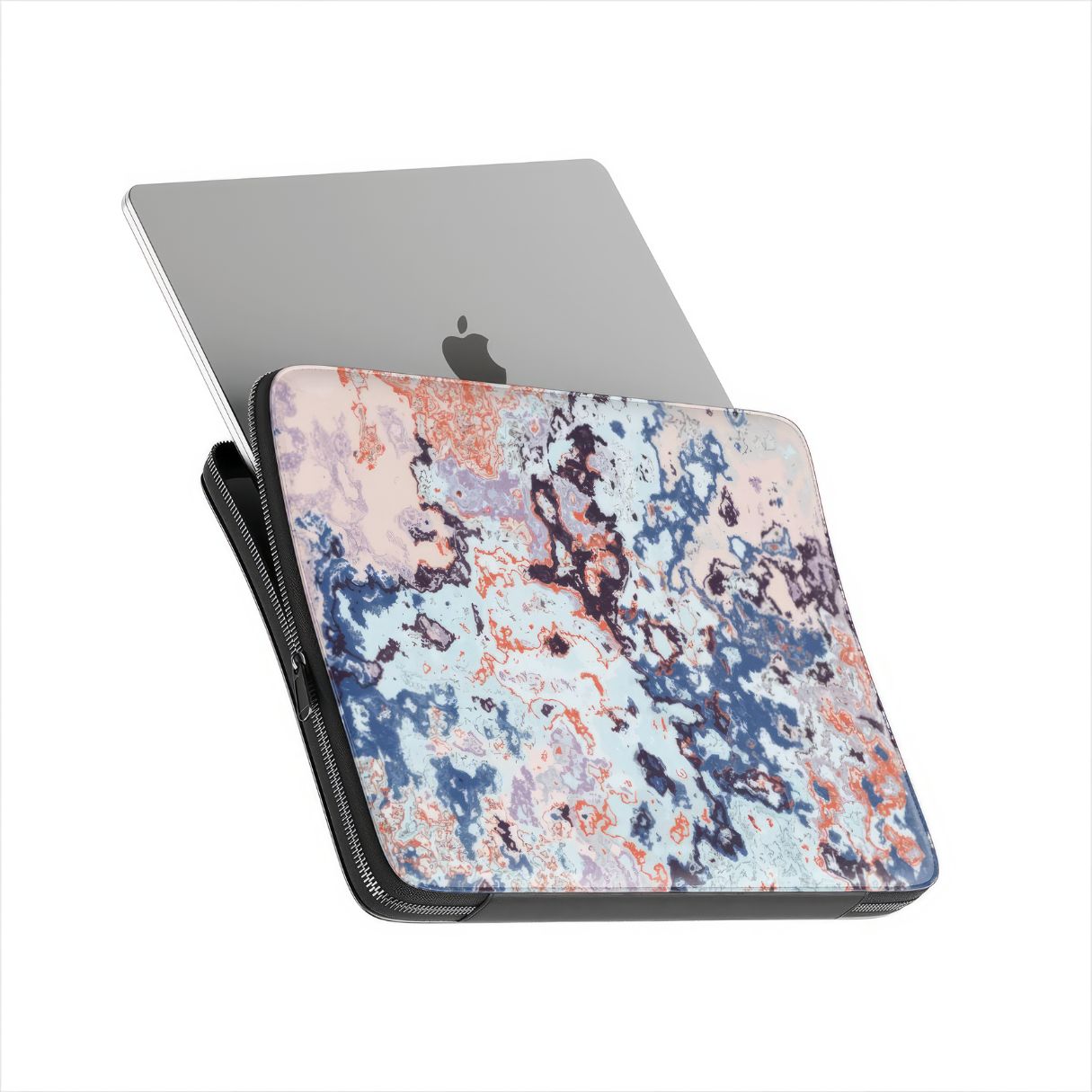 Laptop Sleeve side view with device; Blue Marble Mist pattern, artistic, abstract marble pattern. Blue and pink color combination. Bold expressive aesthetic design. Colorful and interior fit.