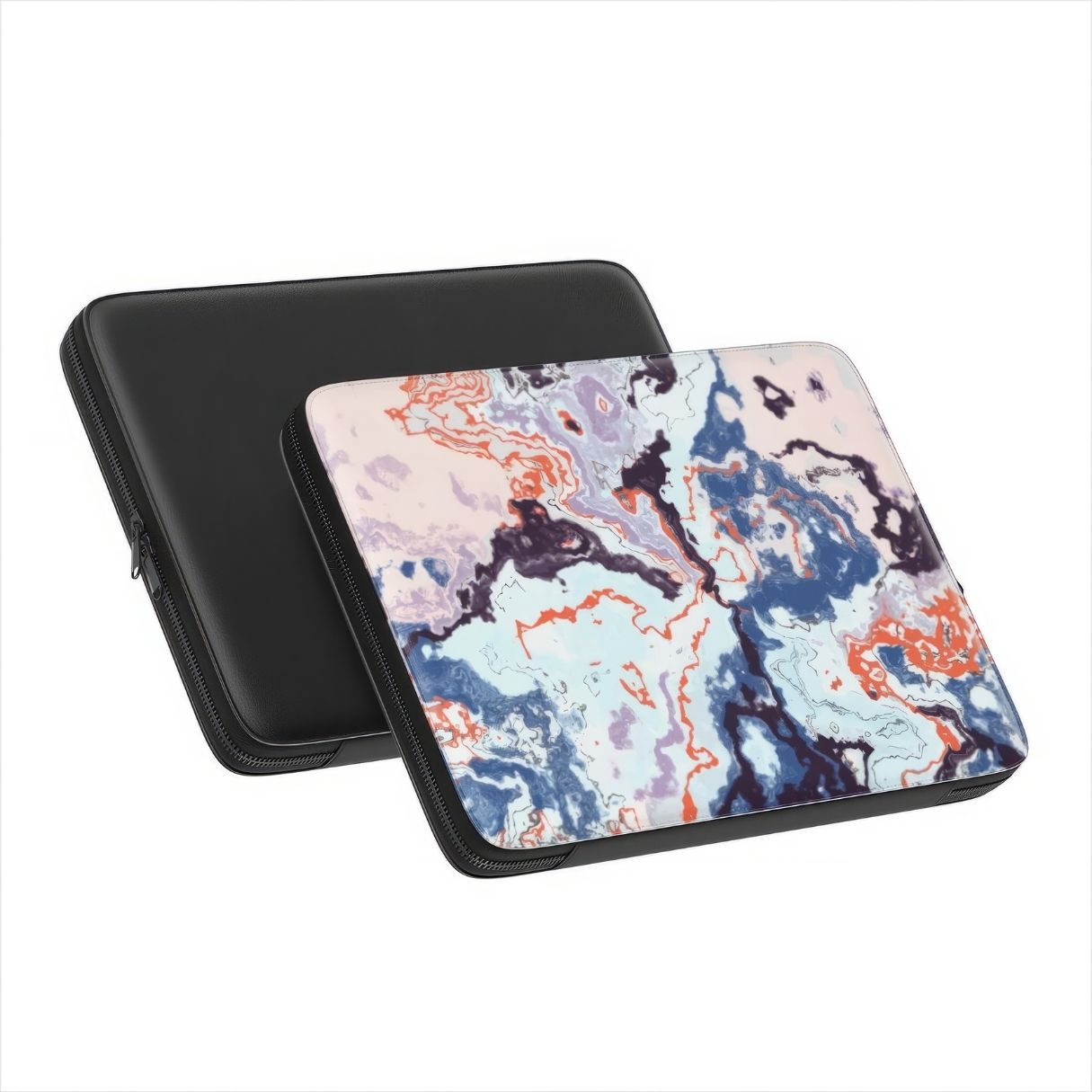 Laptop Sleeve with Blue Marble Veins pattern design. Artistic marble style. Bold expressive aesthetic design. Colorful and interior fit. Side and back view.