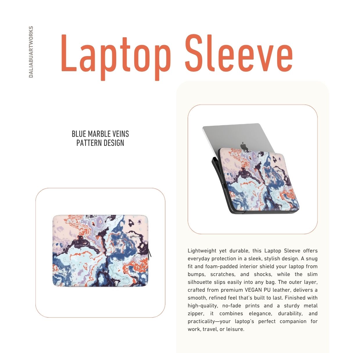 Laptop Sleeve with Blue Marble Veins pattern design. Artistic marble style. Bold expressive aesthetic design. Colorful and interior fit. Description.