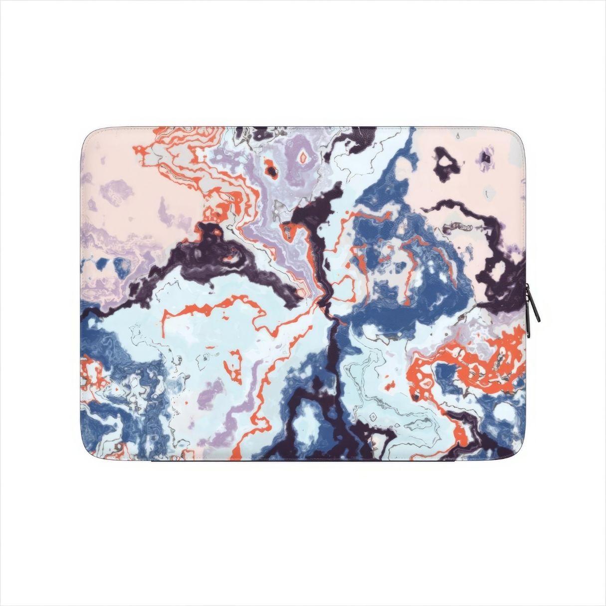 Laptop Sleeve with Blue Marble Veins pattern design. Artistic marble style. Bold expressive aesthetic design. Colorful and interior fit. Front view.