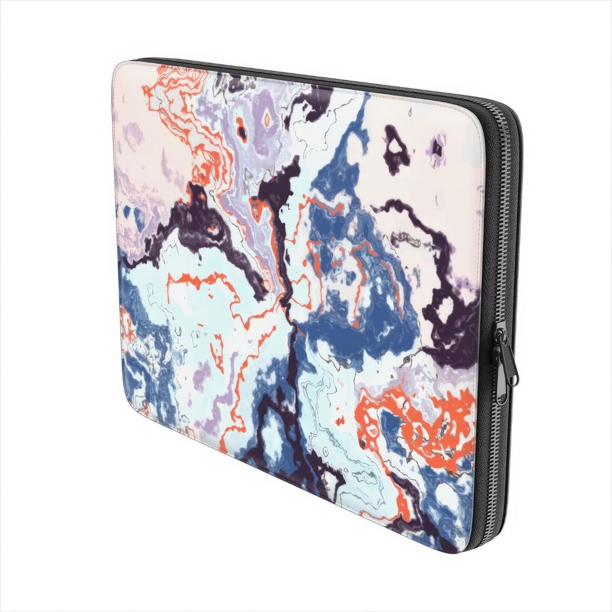 Laptop Sleeve with Blue Marble Veins pattern design. Artistic marble style. Bold expressive aesthetic design. Colorful and interior fit. Side view.
