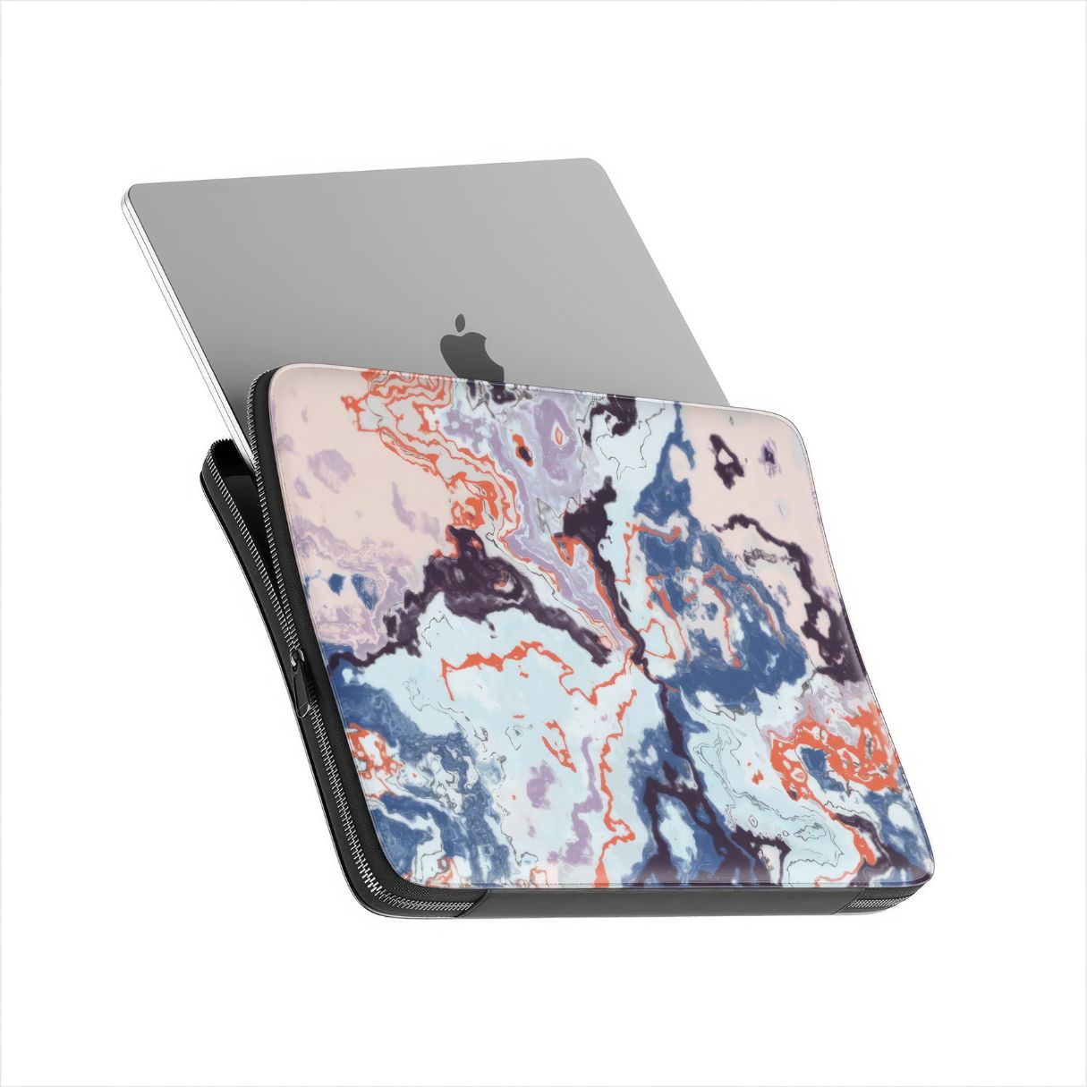 Laptop Sleeve with Blue Marble Veins pattern design. Artistic marble style. Bold expressive aesthetic design. Colorful and interior fit. Side view with device.