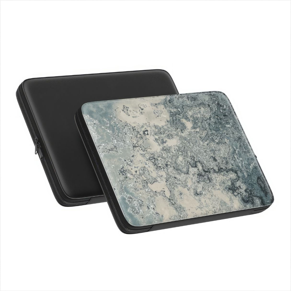 Laptop Sleeve with a bold vivid pattern Blue Night Dusts abstract and artistic style, featuring an elegant and expressive aesthetic design. Main colors are blue and beige. Front and back view.