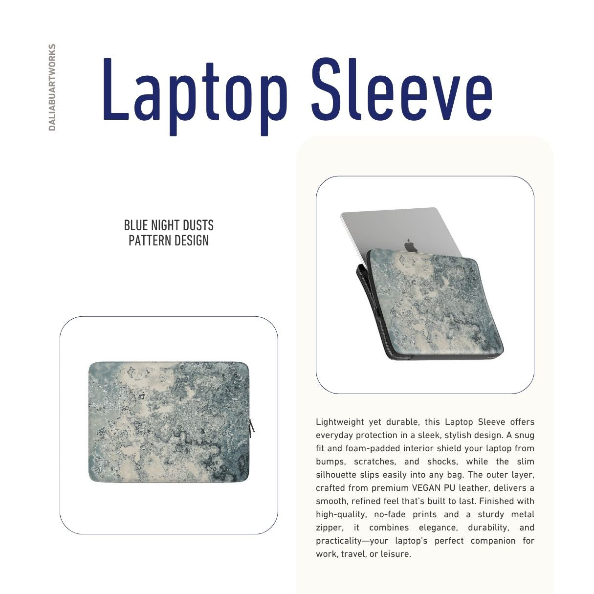 Laptop Sleeve with a bold vivid pattern Blue Night Dusts abstract and artistic style, featuring an elegant and expressive aesthetic design. Main colors are blue and beige. Description.
