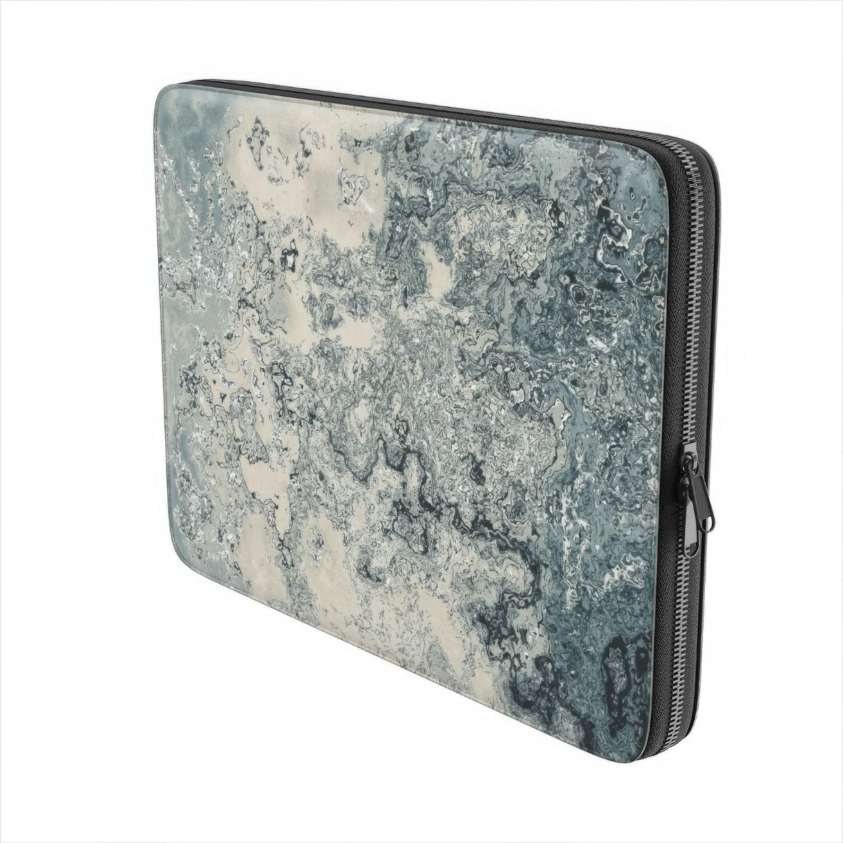 Laptop Sleeve with a bold vivid pattern Blue Night Dusts abstract and artistic style, featuring an elegant and expressive aesthetic design. Main colors are blue and beige. Side view.