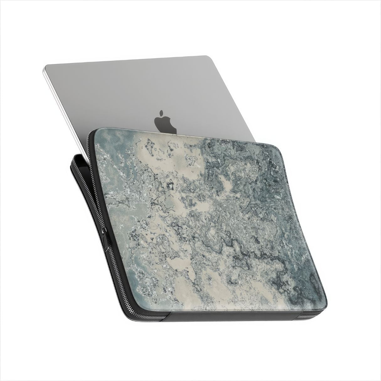 Laptop Sleeve with a bold vivid pattern Blue Night Dusts abstract and artistic style, featuring an elegant and expressive aesthetic design. Main colors are blue and beige. Side view with device.