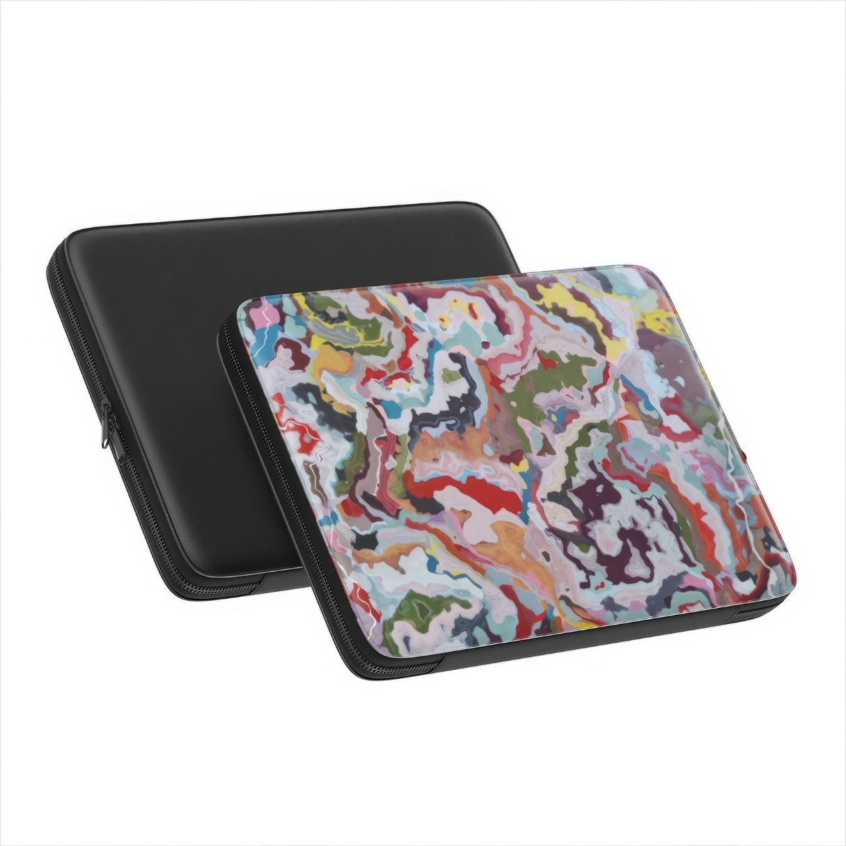 Laptop Sleeve side and back view; Bold Sprinkles pattern, artistic, abstract marble pattern. Mix color combination. Bold expressive aesthetic design. Colorful and interior fit.