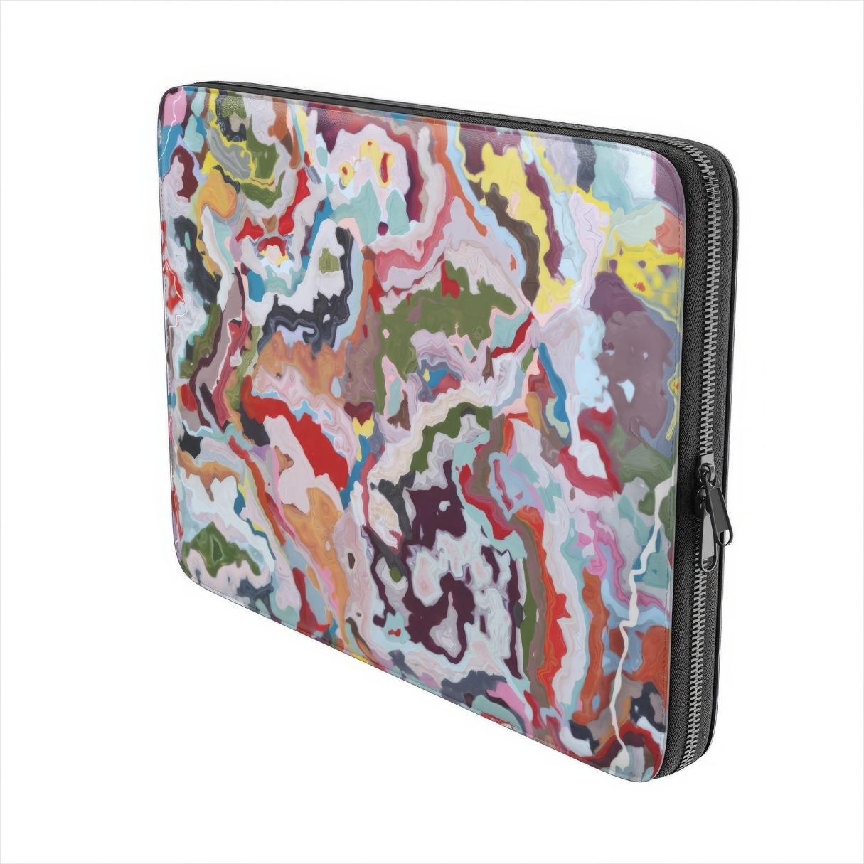 Laptop Sleeve side view; Bold Sprinkles pattern, artistic, abstract marble pattern. Mix color combination. Bold expressive aesthetic design. Colorful and interior fit.