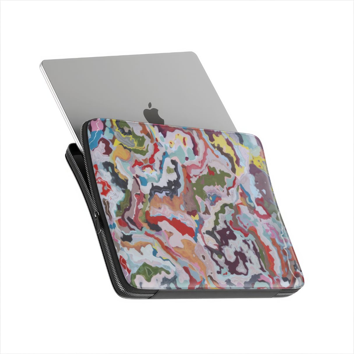 Laptop Sleeve side view with device; Bold Sprinkles pattern, artistic, abstract marble pattern. Mix color combination. Bold expressive aesthetic design. Colorful and interior fit.