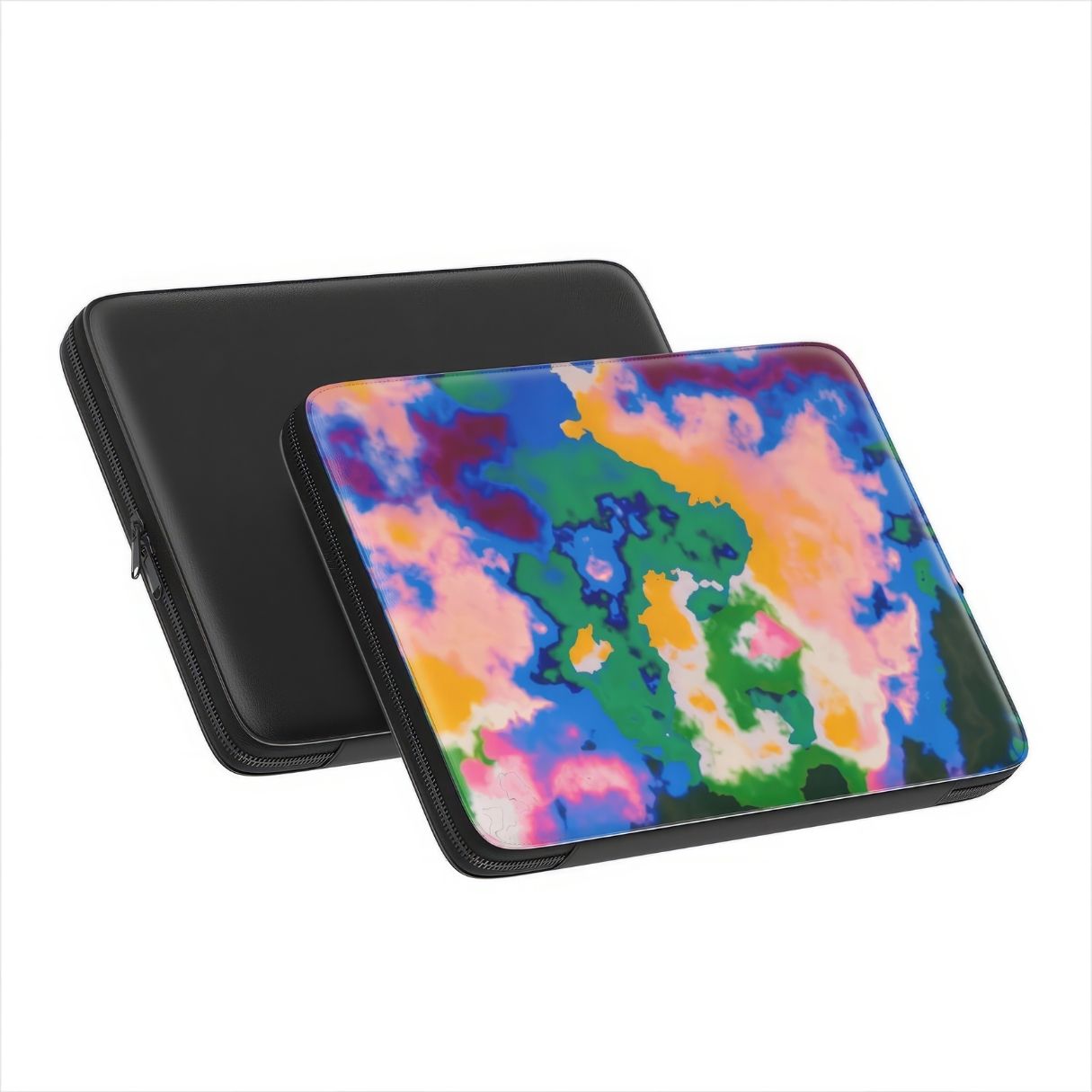 Laptop Sleeve back view; Brazil pattern, artistic, abstract marble pattern. Orange, green and blue color combination. Bold expressive aesthetic design. Colorful and interior fit.