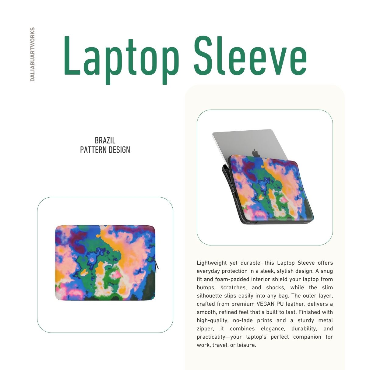 Laptop Sleeve description; Brazil pattern, artistic, abstract marble pattern. Orange, green and blue color combination. Bold expressive aesthetic design. Colorful and interior fit.