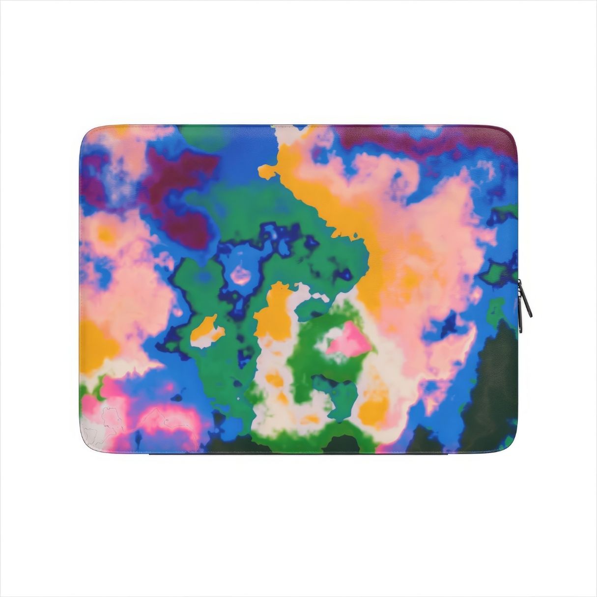 Laptop Sleeve front view; Brazil pattern, artistic, abstract marble pattern. Orange, green and blue color combination. Bold expressive aesthetic design. Colorful and interior fit.