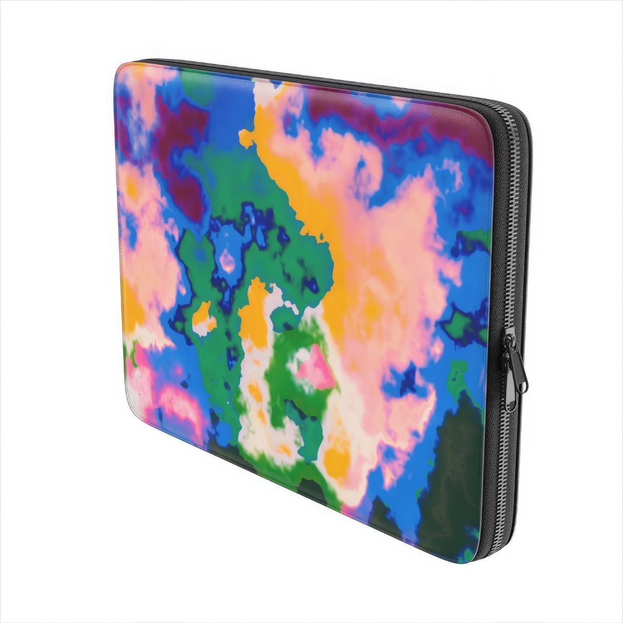 Laptop Sleeve side view; Brazil pattern, artistic, abstract marble pattern. Orange, green and blue color combination. Bold expressive aesthetic design. Colorful and interior fit.