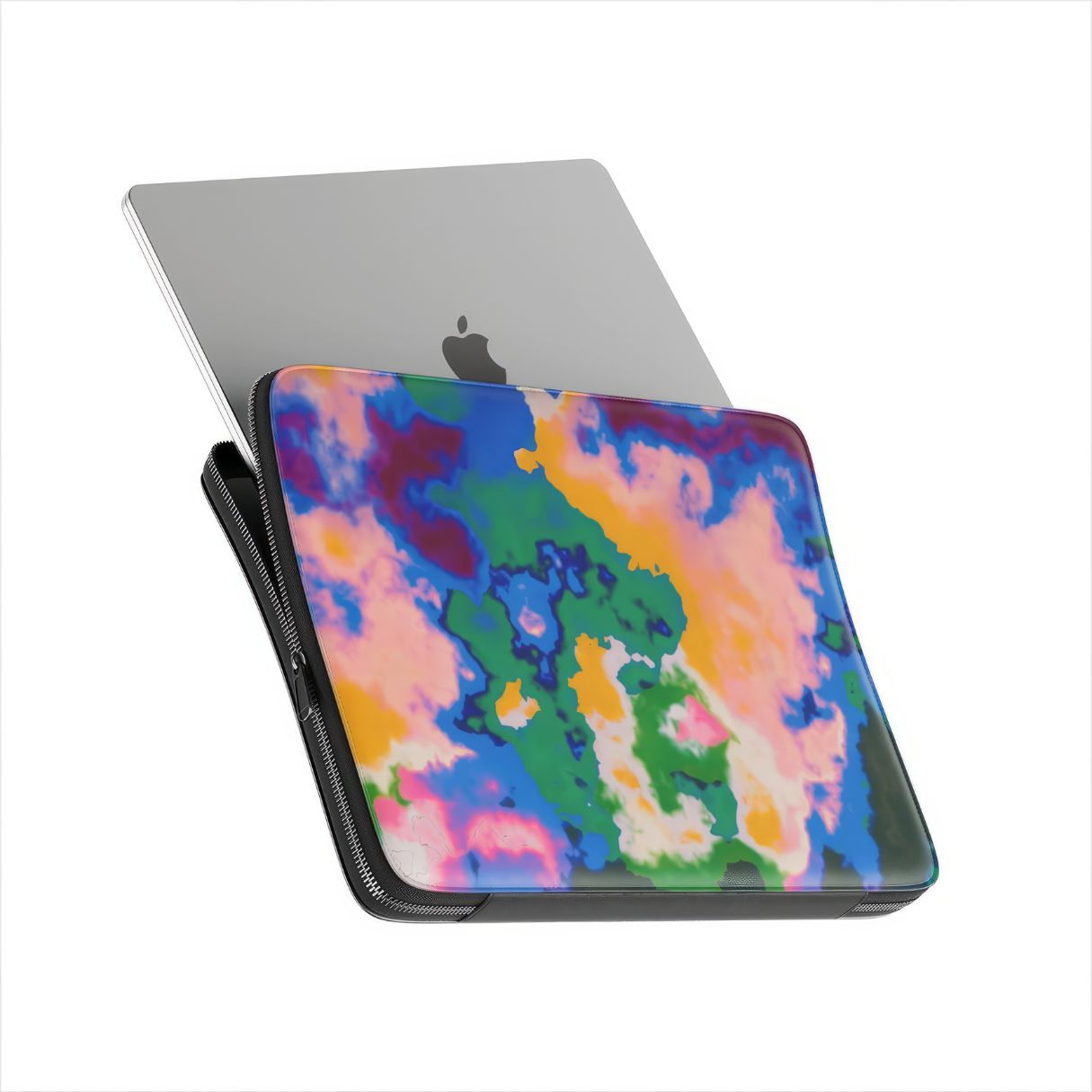Laptop Sleeve side view with laptop; Brazil pattern, artistic, abstract marble pattern. Orange, green and blue color combination. Bold expressive aesthetic design. Colorful and interior fit.